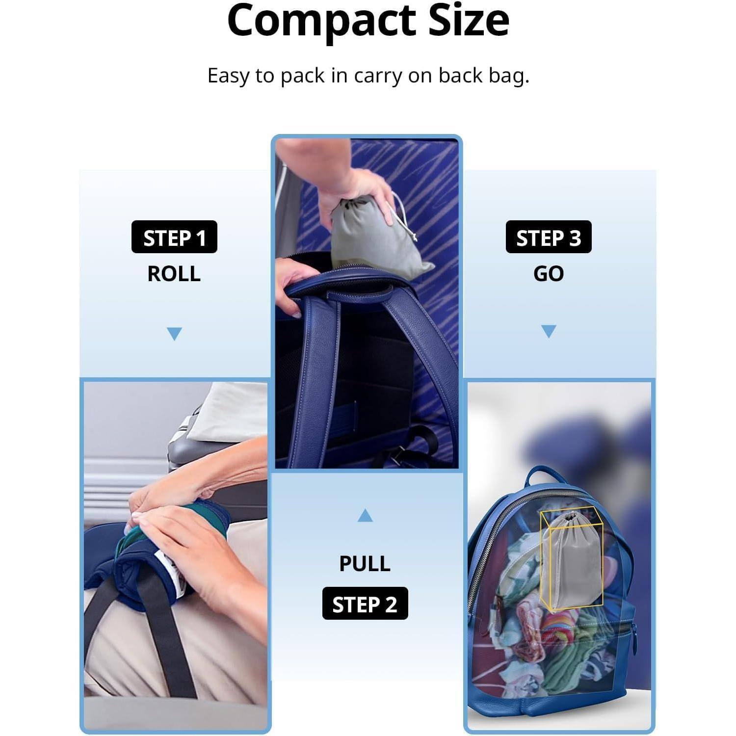 Compact Size  
Easy to pack in carry on back bag.

STEP 1  
ROLL

STEP 2  
PULL

STEP 3  
GO