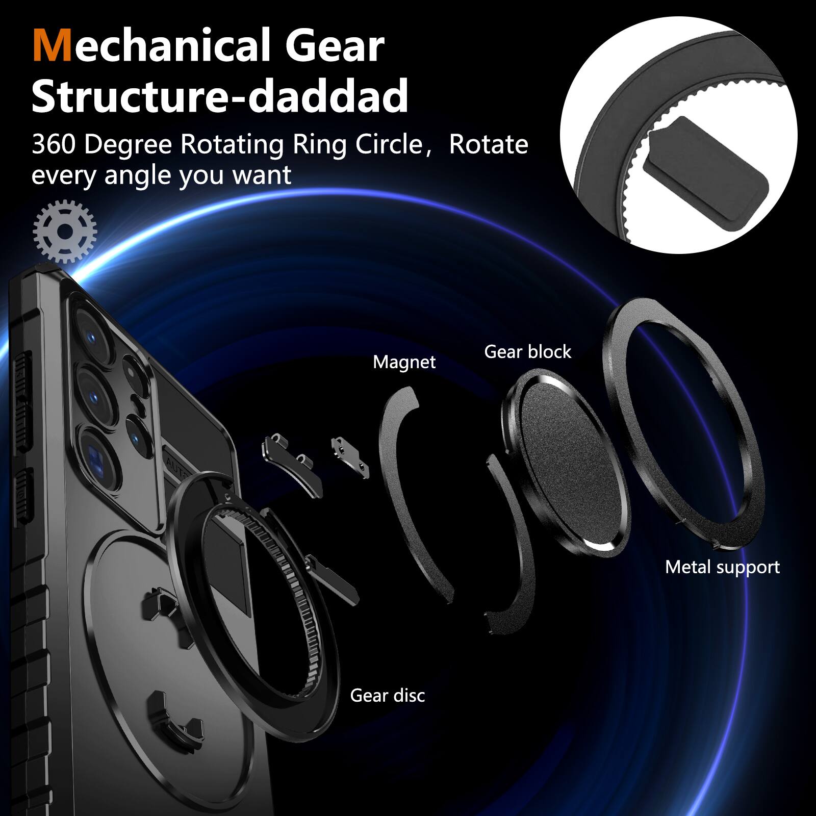 Mechanical Gear Structure-daddad  
360 Degree Rotating Ring Circle, Rotate every angle you want  

- Magnet  
- Gear block  
- Metal support  
- Gear disc