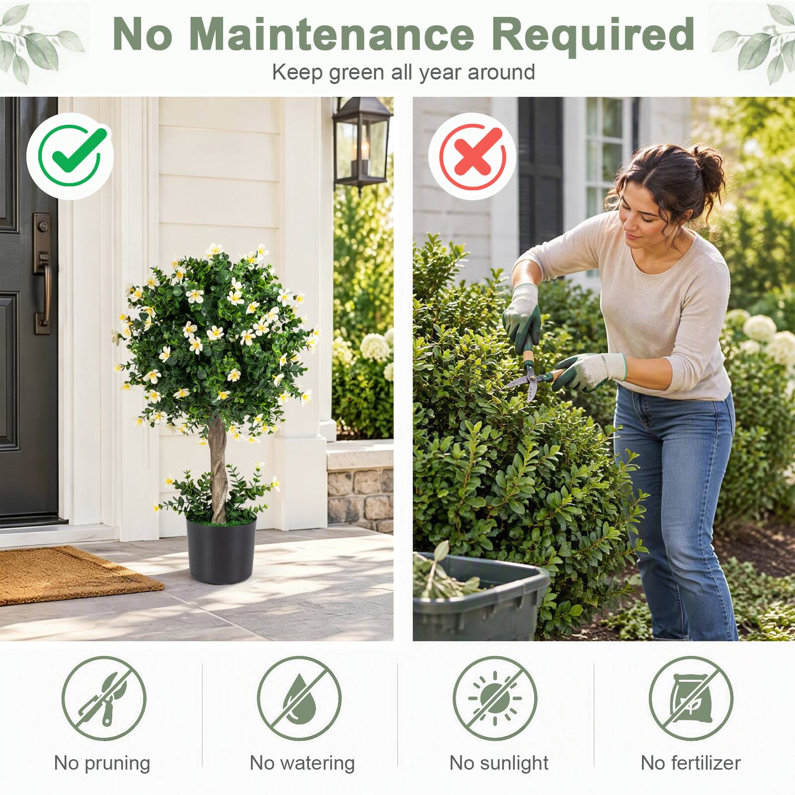 No Maintenance Required  
Keep green all year around

X  
No pruning  
No watering  
No sunlight  
No fertilizer