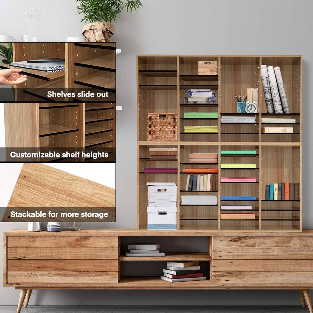Shelves slide out, Customizable shelf heights, Stackable for more storage