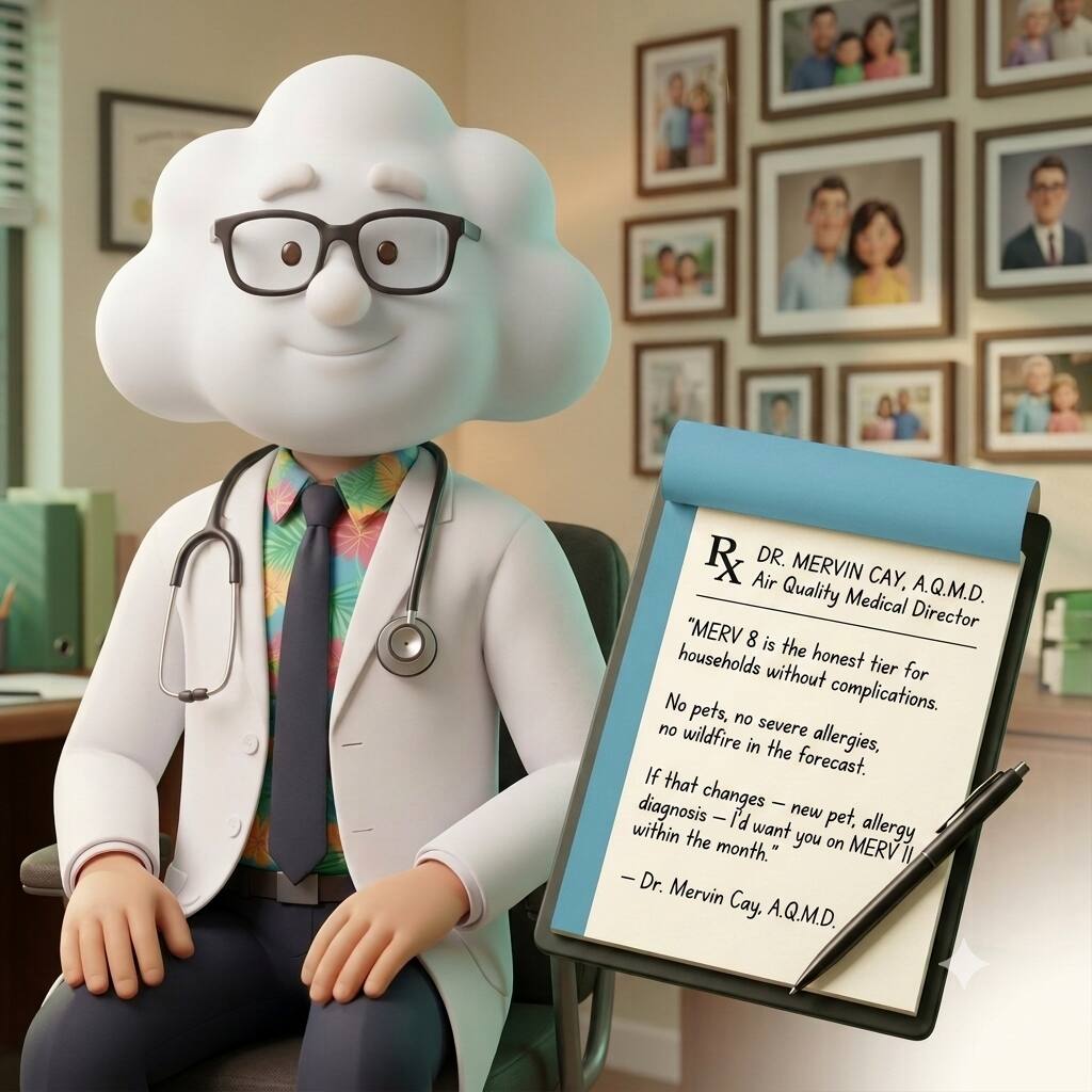 RX DR. MERVIN CAY, A.Q.M.D. Medical Director

"MERV 8 is the honest tier for households without complications. No pets, no severe allergies, no wildfire in the forecast. If that diagnosis changes — I'd want you on MERV II within the month."

— Dr. Mervin Cay, A.Q.M.D.
