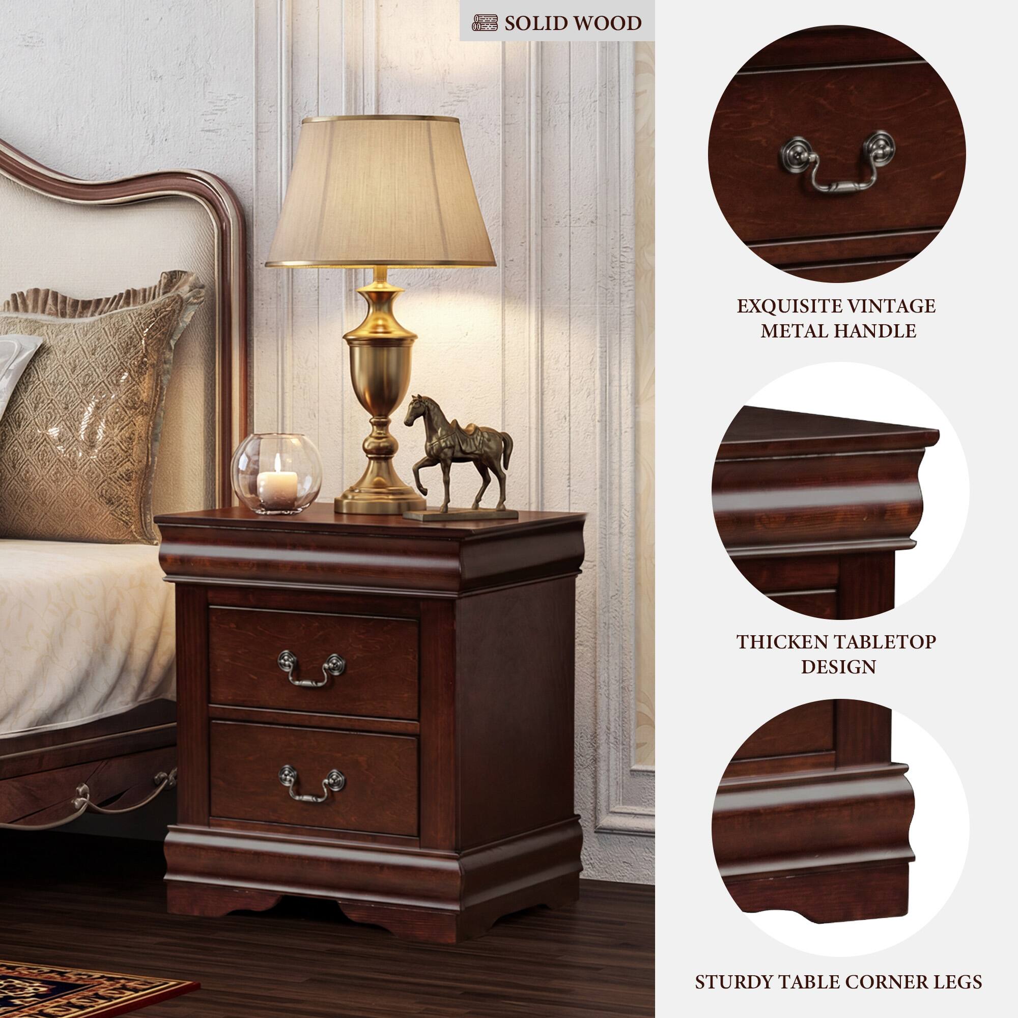 SOLID WOOD  
EXQUISITE VINTAGE METAL HANDLE  
THICKEN TABLETOP DESIGN  
STURDY TABLE CORNER LEGS