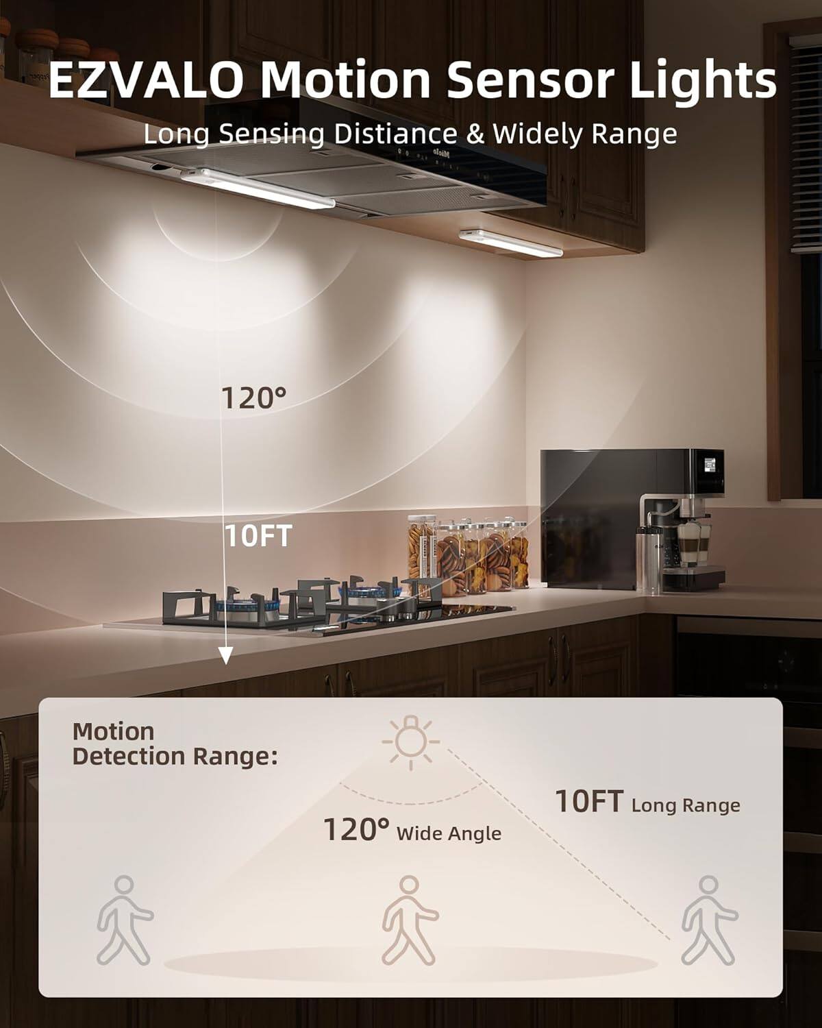 EZVALO Motion Sensor Lights  
Long Sensing Distance & Widely Range  

Motion Detection Range:  
120° Wide Angle  
10FT Long Range  

120°  
10FT