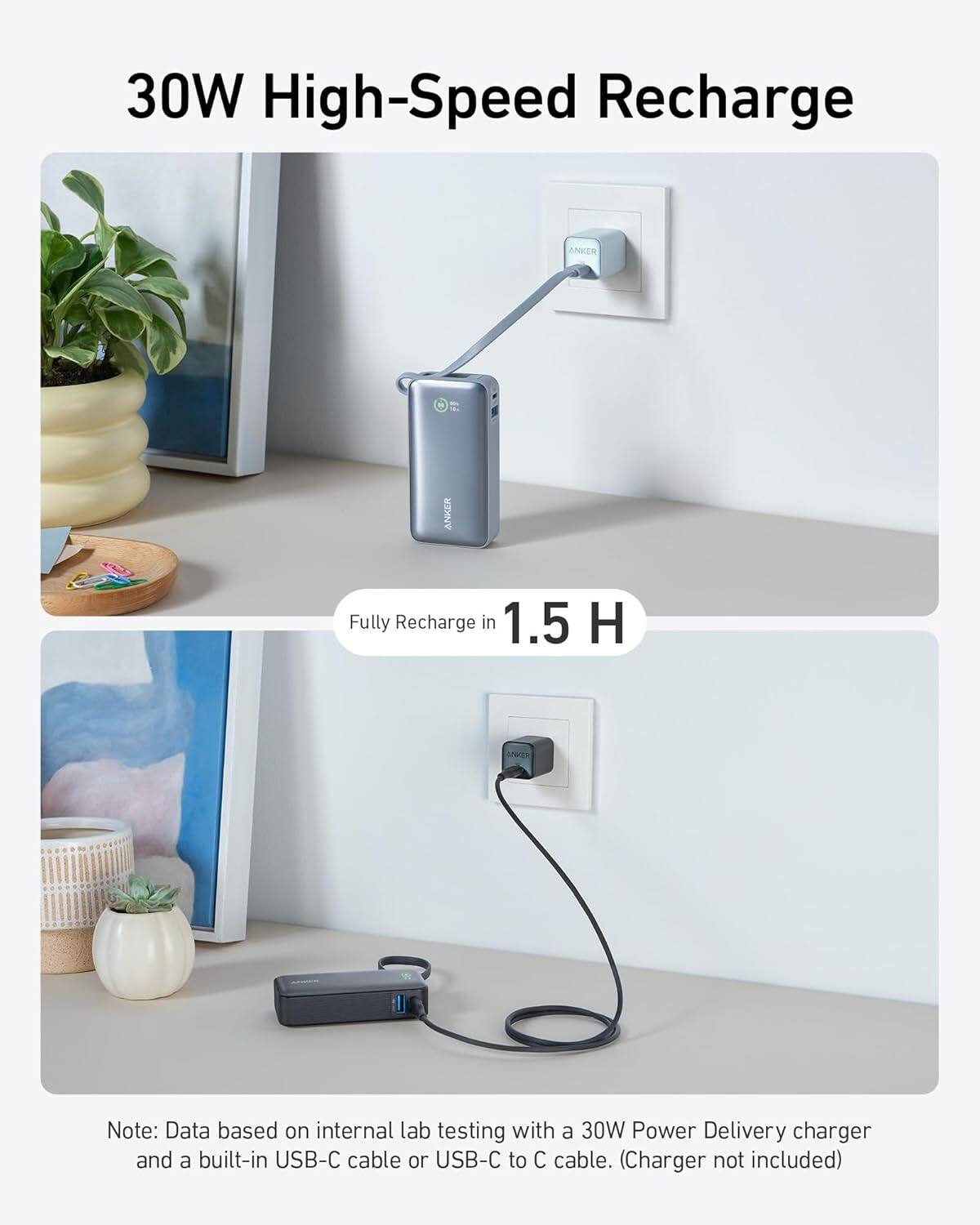 30W High-Speed Recharge

Fully Recharge in 1.5 H

Note: Data based on internal lab testing with a 30W Power Delivery charger and a built-in USB-C cable or USB-C to C cable. (Charger not included)