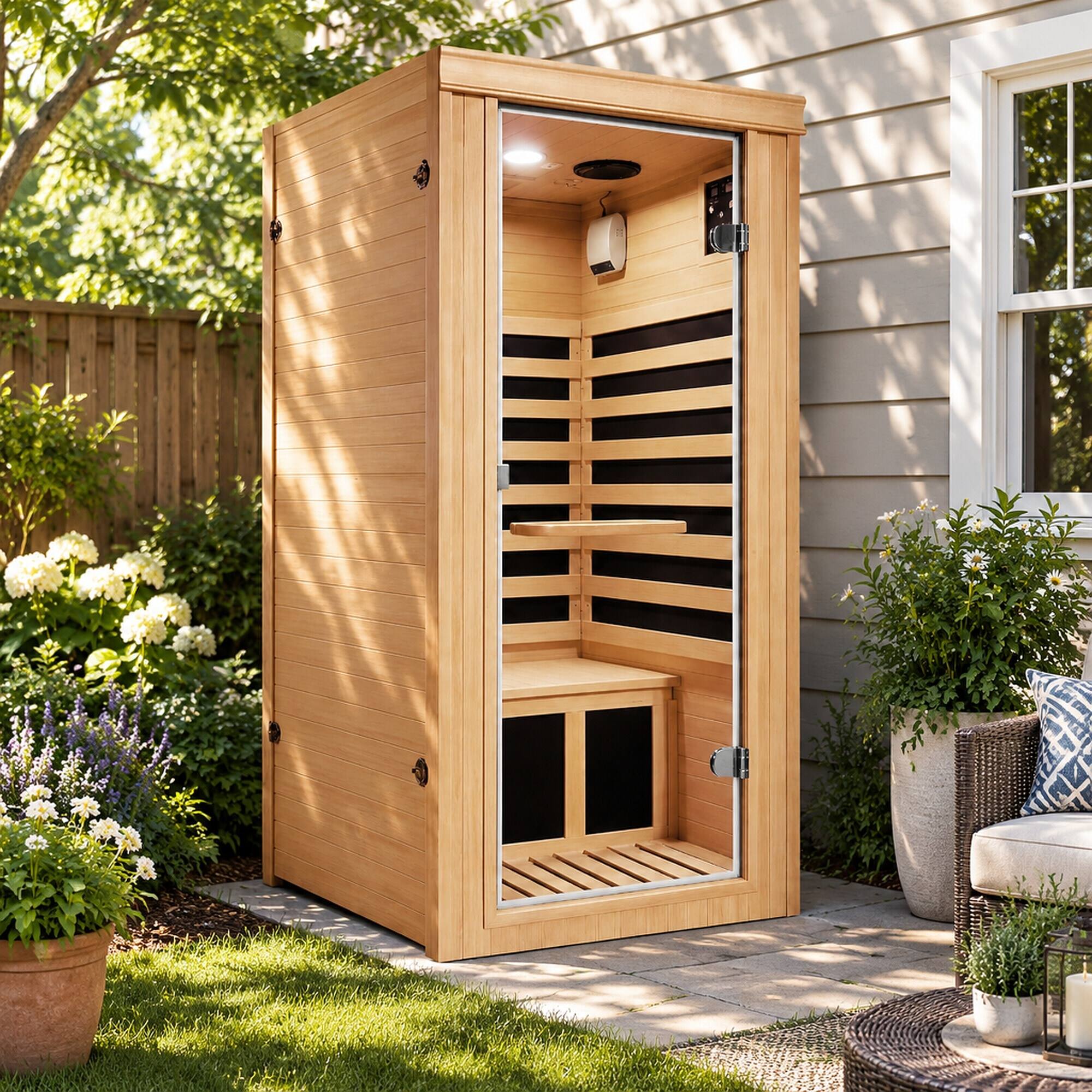 Alt View 2. RYHNUYNE - 1020W Canadian Hemlock Mini Far Infrared Sauna, Single Seat, 73 cm x 63 cm x 150 cm Interior, Epoxy Heating Board - Ameican White Oak.
