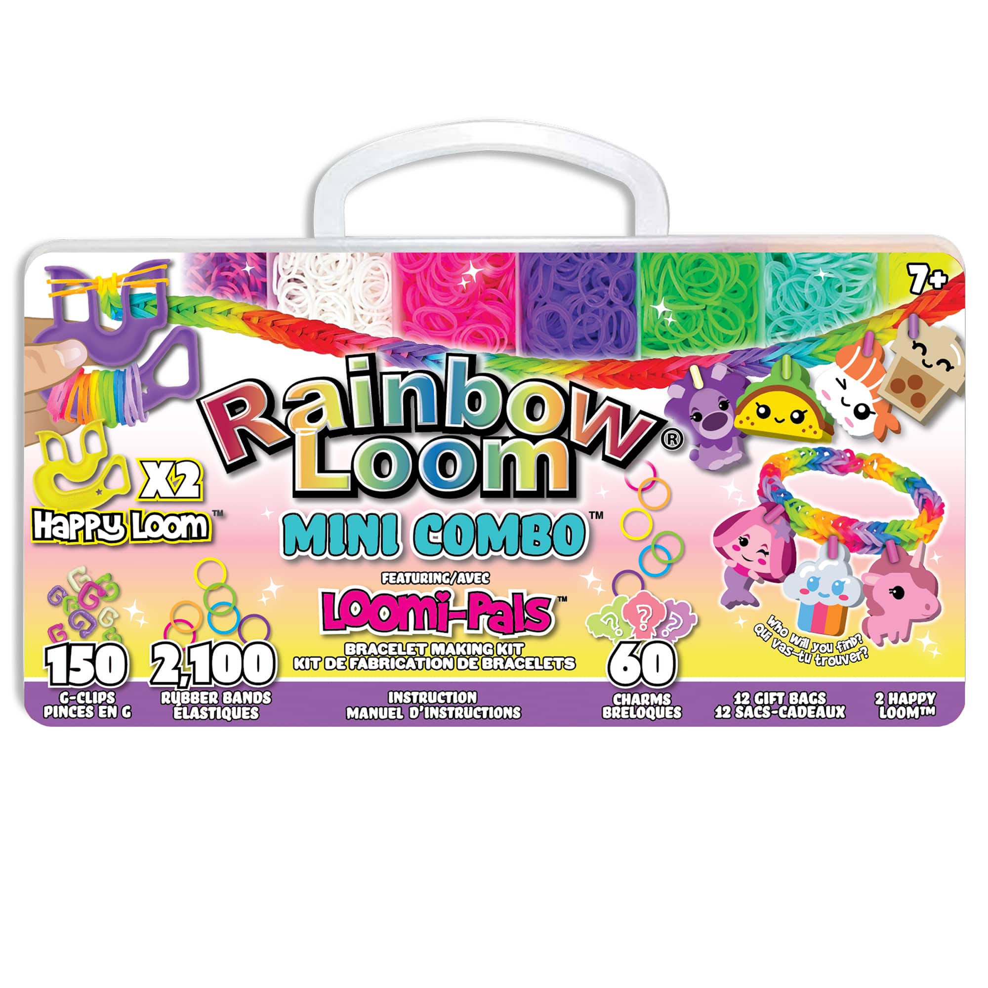 The text on the image reads: "Rainbow Loom Mini Combo HaPPy Loom TM TM X2 150 2,100 KIT DE FABRICATION DE BRACELETS 60 trouver? G-CLIPS RUBBER BANDS INSTRUCTION CHARMS 12 GIFT BAGS 2 HAPPY PINCES EN G LASTIQUES MANUEL D D'INSTRUCTIONS BRELOQUES 12 SACS-CADEAUX LOOMTM."

Corrected text: "Rainbow Loom Mini Combo HaPPy Loom TM TM X2 150 2,100 KIT DE FABRICATION DE BRACELETS 60 trouver? G-CLIPS RUBBER BANDS INSTRUCTION CHARMS 12 GIFT BAGS 2 HAPPY PINCES EN G LASTIQUES MANUEL D'INSTRUCTIONS BRELOQUES 12 SACS-CADEAUX LOOMTM."