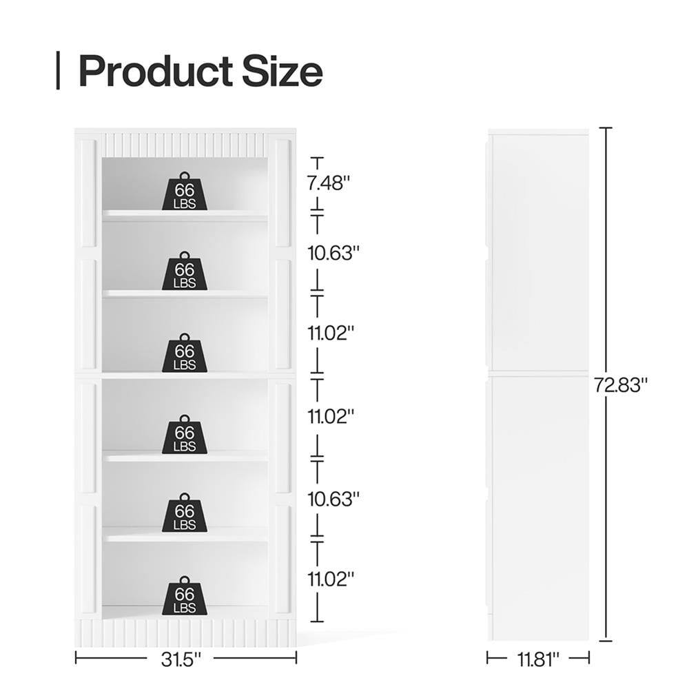 Product Size

- 31.5" (width)
- 72.83" (height)
- 11.81" (depth)

Shelf Dimensions:
- 7.48"
- 10.63"
- 11.02"
- 11.02"
- 10.63"
- 11.02"

Each shelf has a weight capacity of 66 LBS.