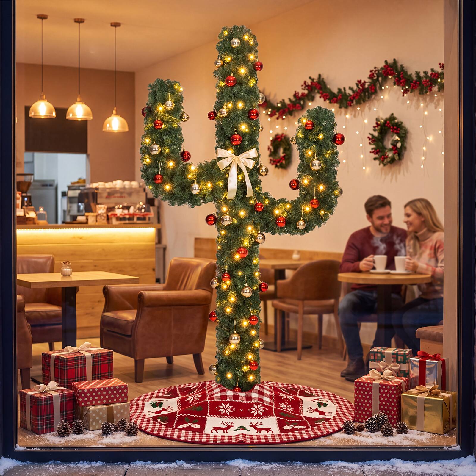 Gymax 7 FT Pre Lit Cactus Christmas Tree w/ 160 Warm White LED Lights ...