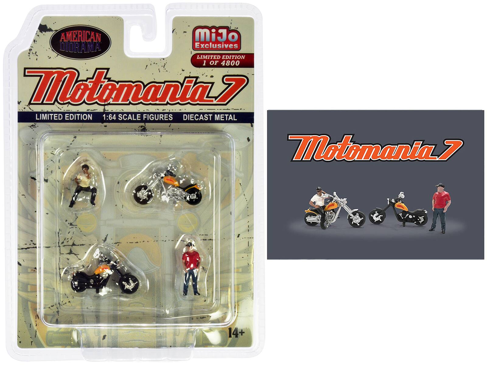 AMERICAN DIORAMA  
Motomania 7  
LIMITED EDITION  
1:64 SCALE FIGURES  
DIECAST METAL  
14+  

MiJo Exclusives  
LIMITED EDITION  
1 OF 4800  

Motomania 7  
RES DIECAST METAL