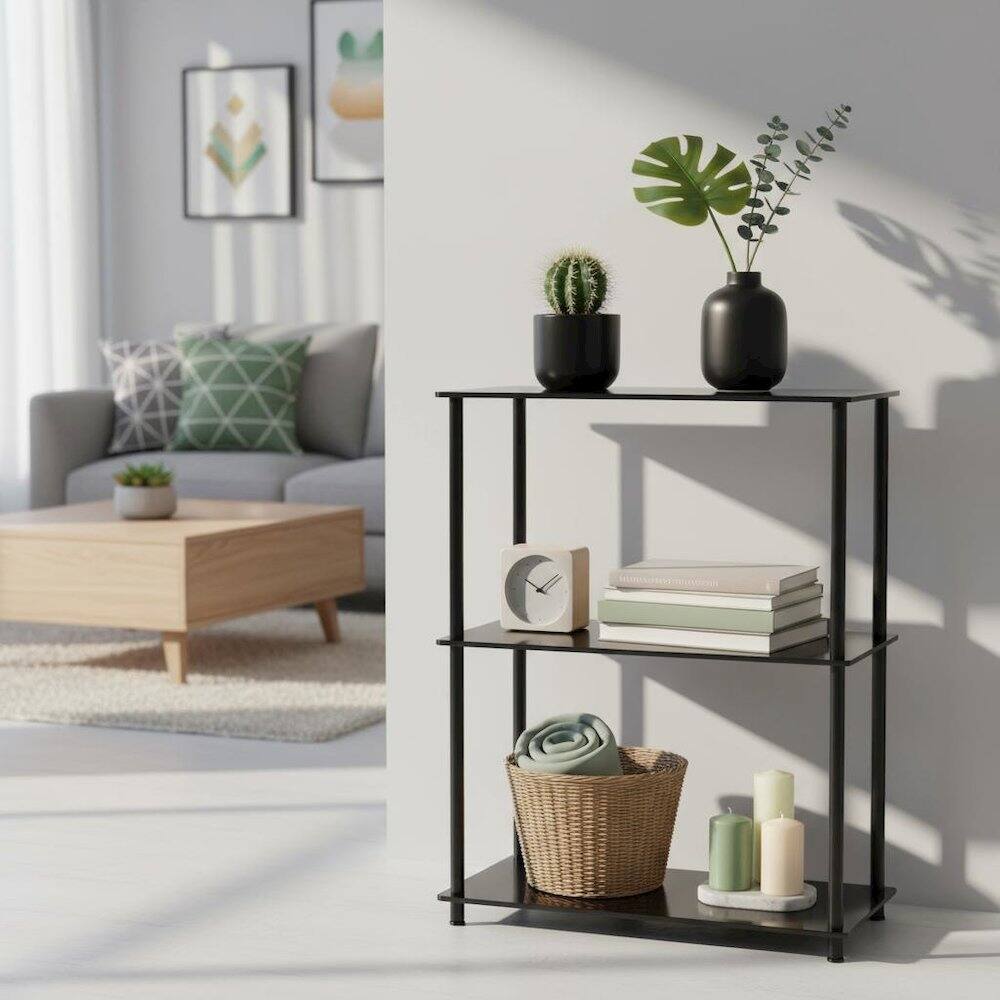 Alt View 1. FurniFact - 3 Tier Bookshelf, Black Glass - Black.