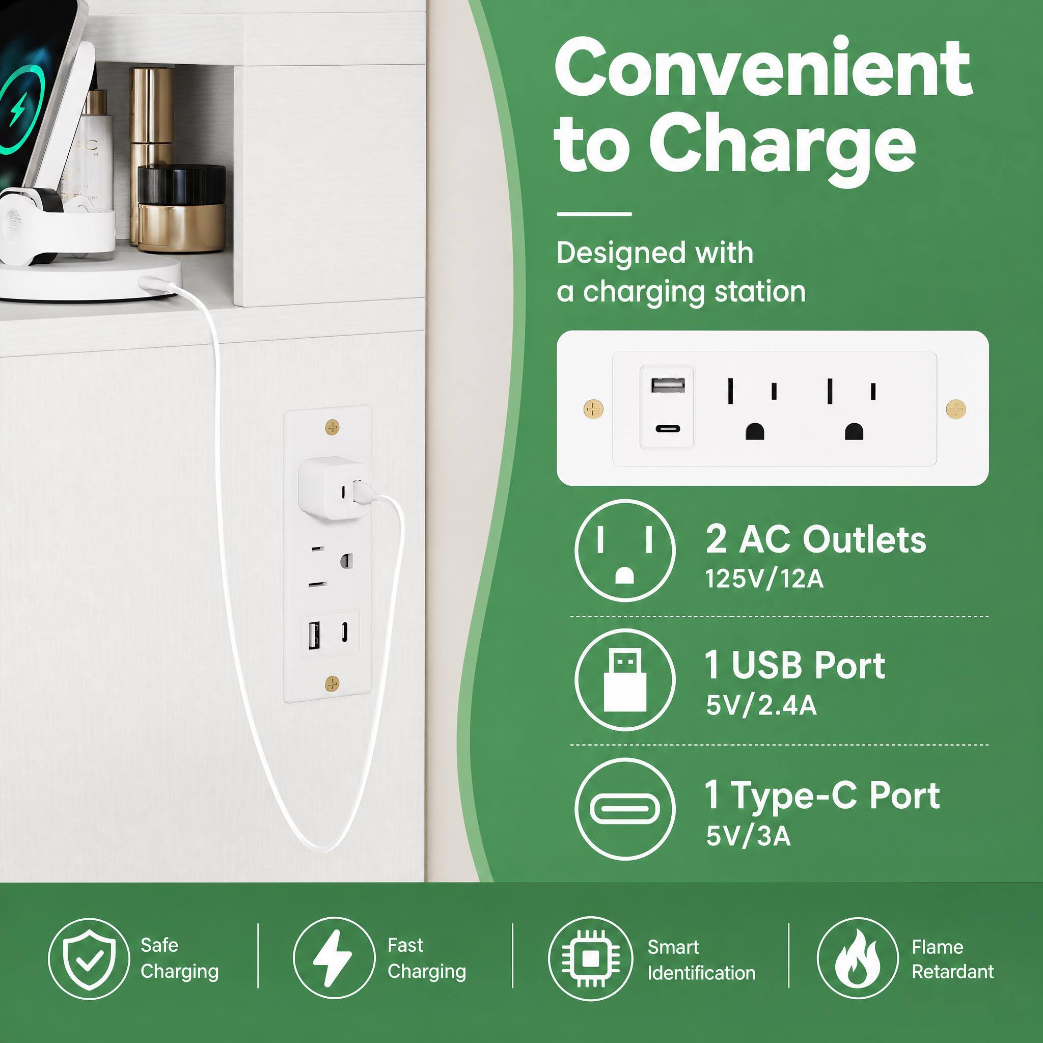 Convenient to Charge  
Designed with a charging station

2 AC Outlets 125V/12A  
1 USB Port 5V/2.4A  
1 Type-C Port 5V/3A

Safe Charging  
Fast Charging  
Smart Identification  
Flame Retardant