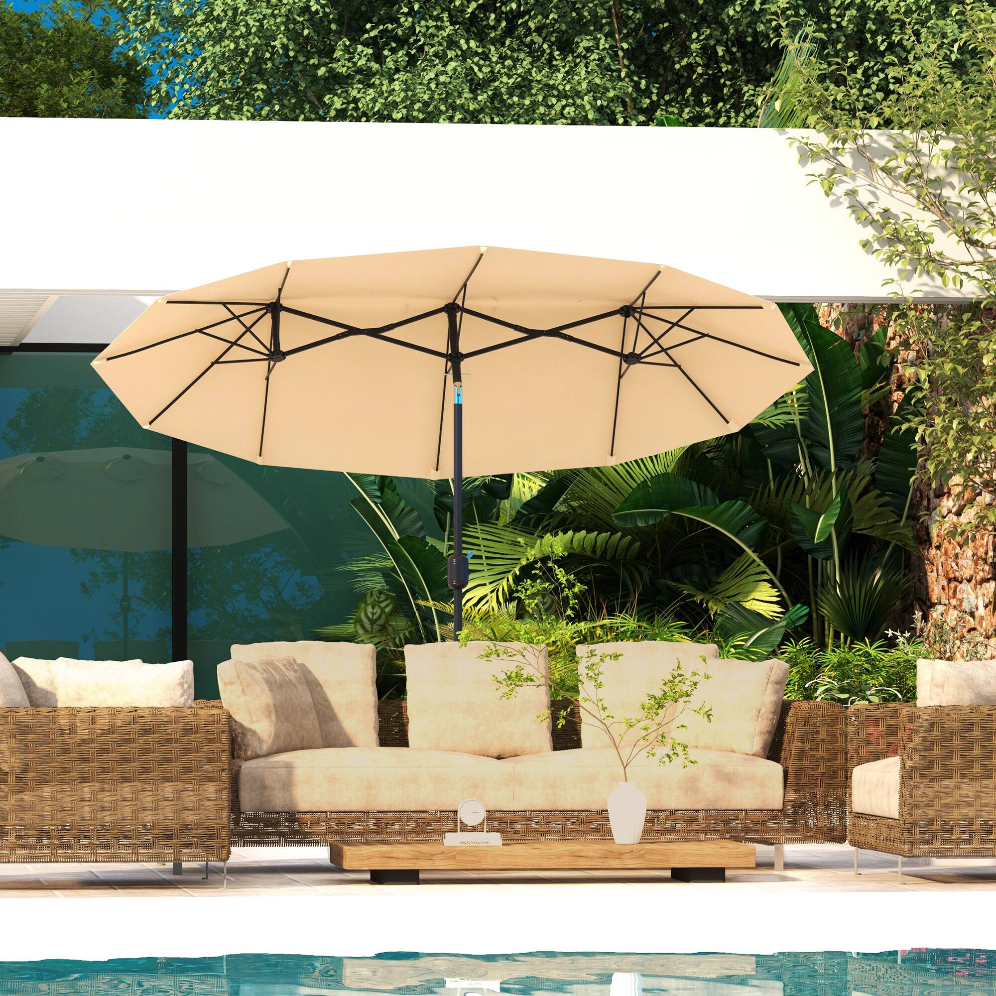 Angle. Outsunny - Double Sided Patio Umbrella, 9.5' Large Outdoor Market Umbrella with Push Button Tilt and Crank, 3 Air Vents - Brown.