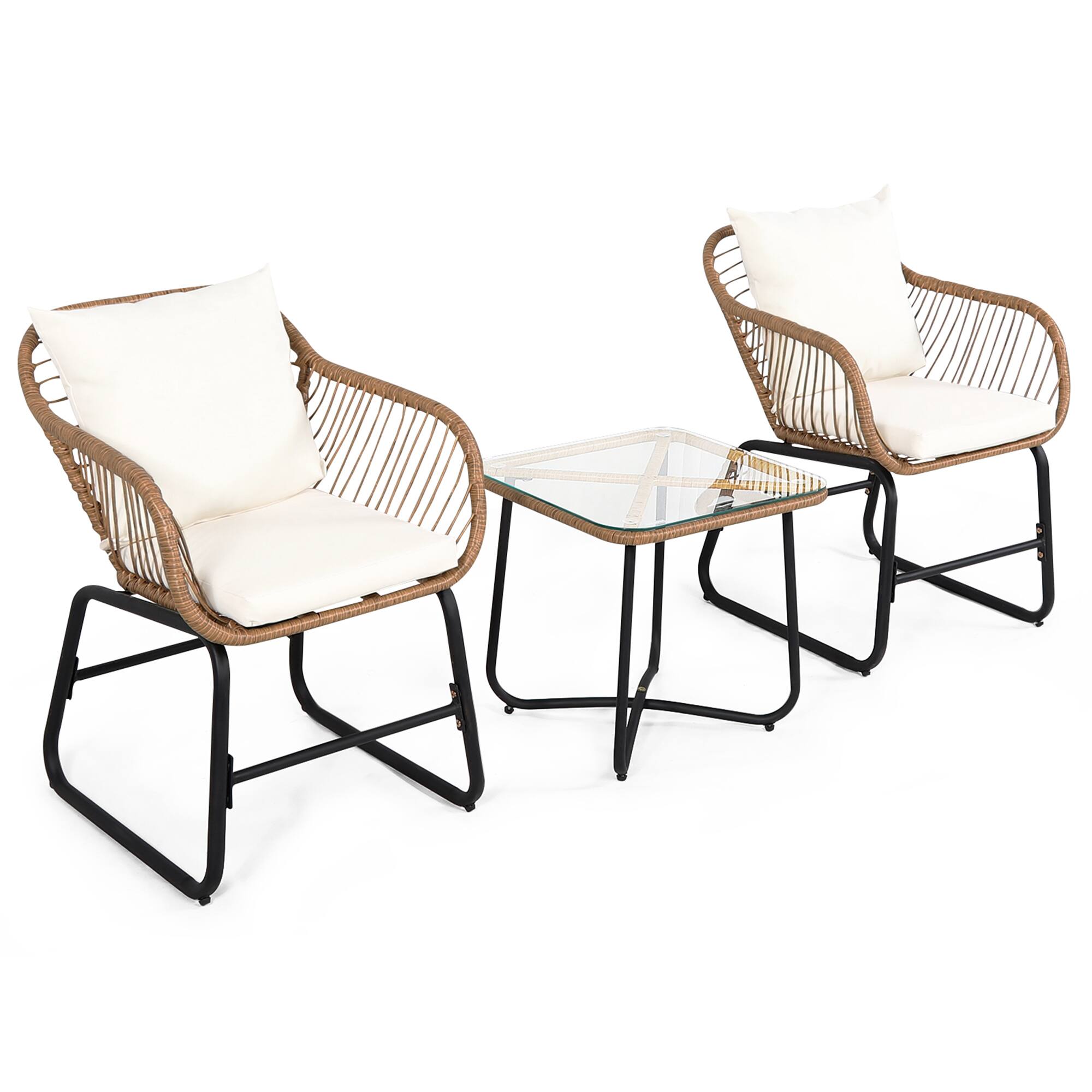 Alt View 1. Gymax - Gymax 3PCS Outdoor Bistro Set Rattan Patio Conversation Set w/ Off White Cushions - Off White.