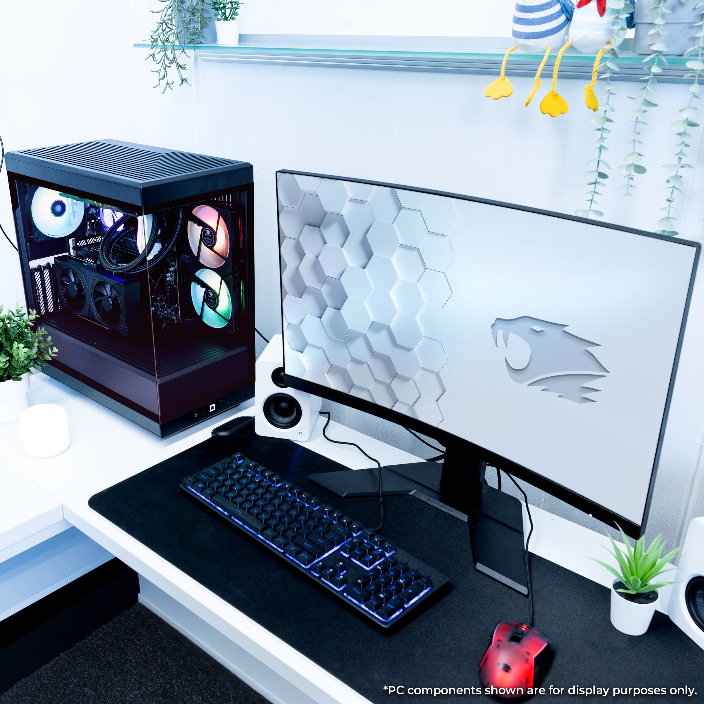 The text on the image is: "PC components shown are for display purposes only."