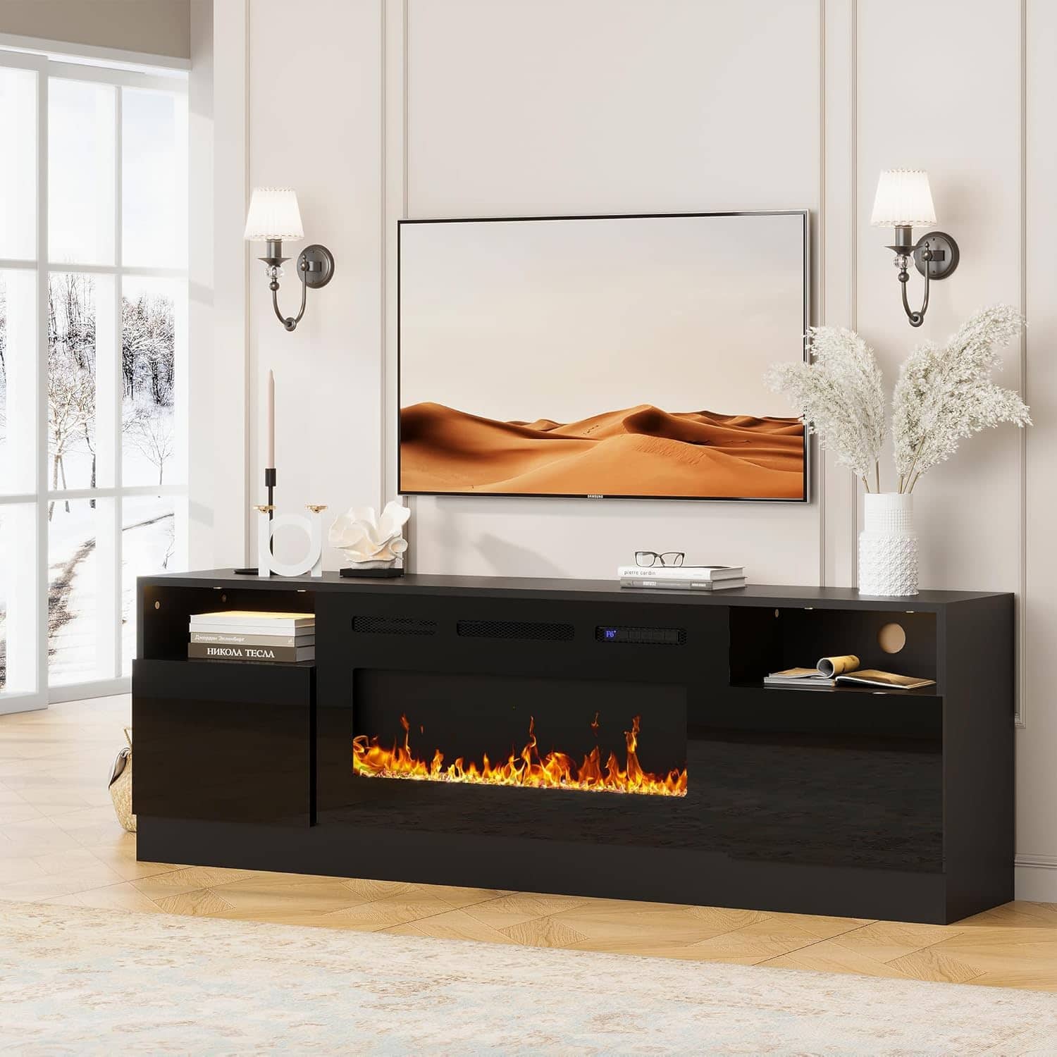 GARVEE - 70” TV Stand with 36” Electric Fireplace, Modern Entertainment Center Fits up to 80” TVs - Black