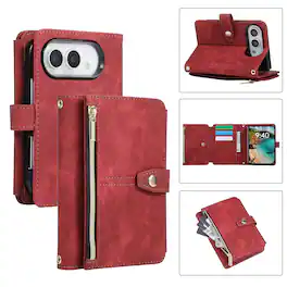 Dteck - Flip Wallet Case for Apple iPhone Duo PU Leather Protective Cover with Zipper Pocket Wrist Strap Kickstand - Red