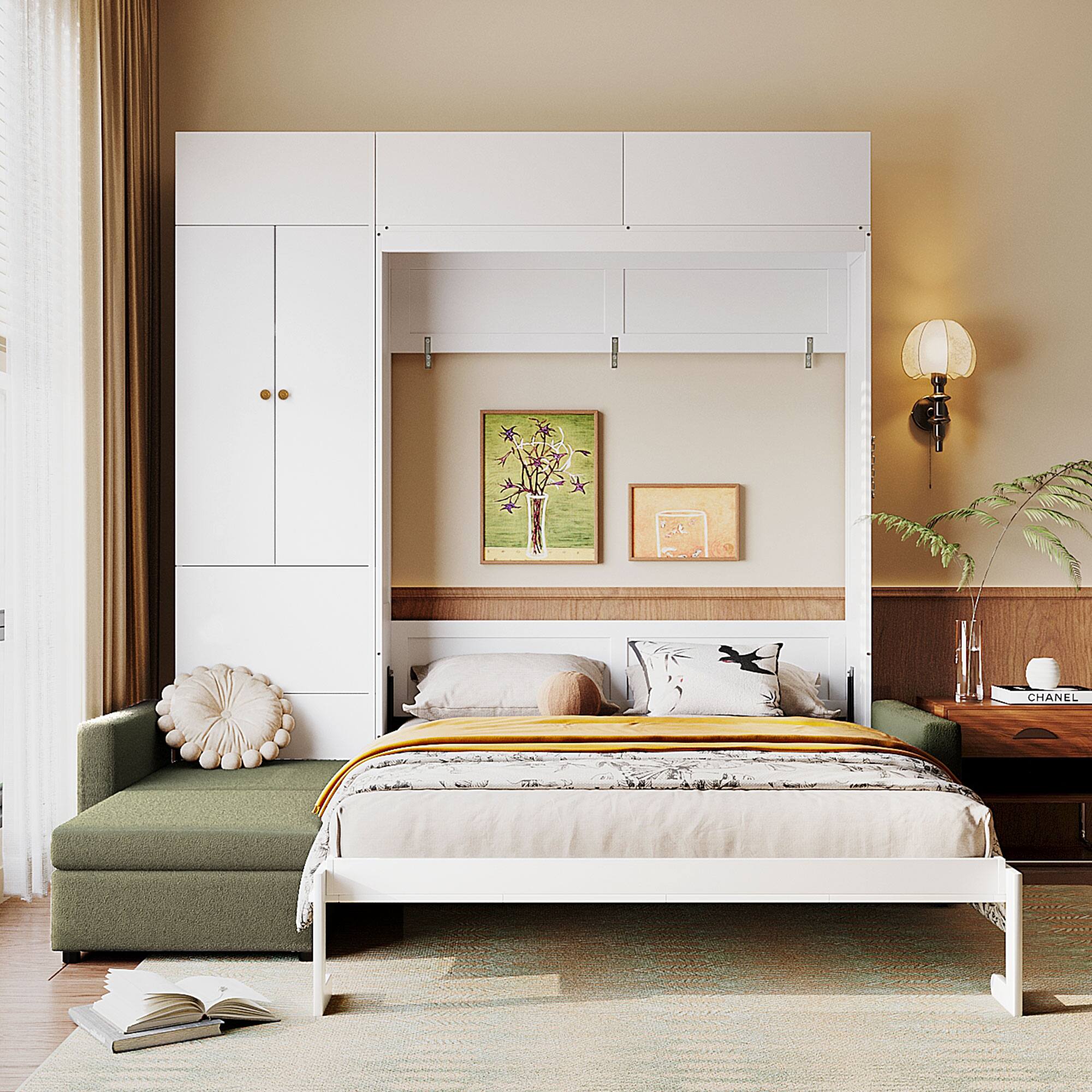 Angle. Anysun - Queen Size Murphy Bed Wall Bed with Sofa and Shelves,Green Panel - White.
