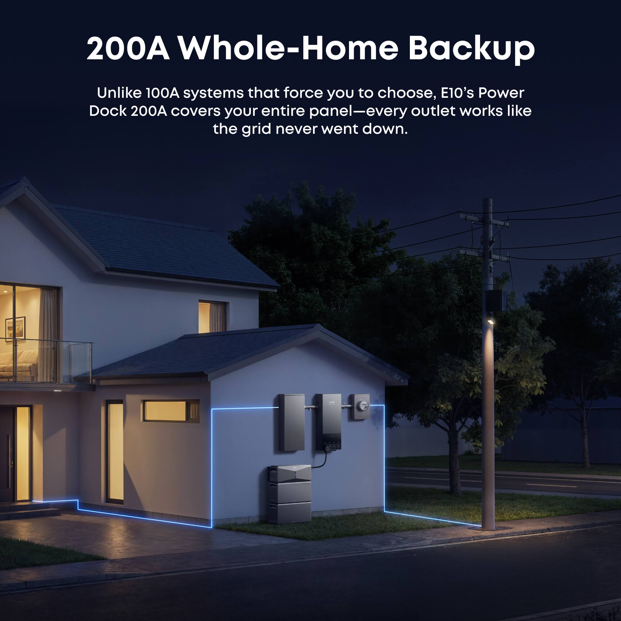 200A Whole-Home Backup

Unlike 100A systems that force you to choose, E10's Power Dock 200A covers your entire panel—every outlet works like the grid never went down.