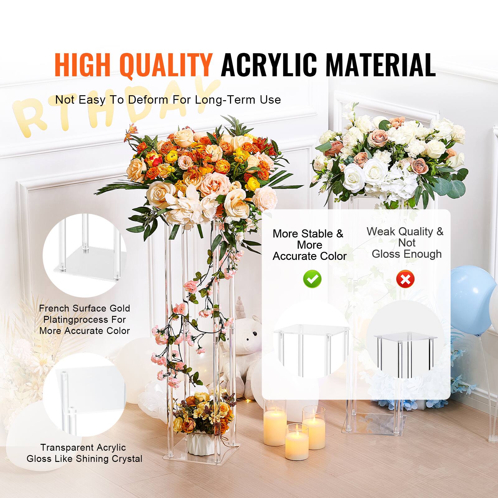HIGH QUALITY ACRYLIC MATERIAL  
Not Easy To Deform For Long-Term Use  

- More Stable & More Accurate Color  
  ✅ French Surface Gold Plating Process For More Accurate Color  
  ✅ Transparent Acrylic Gloss Like Shining Crystal  

- Weak Quality & Not Gloss Enough  
  ❌