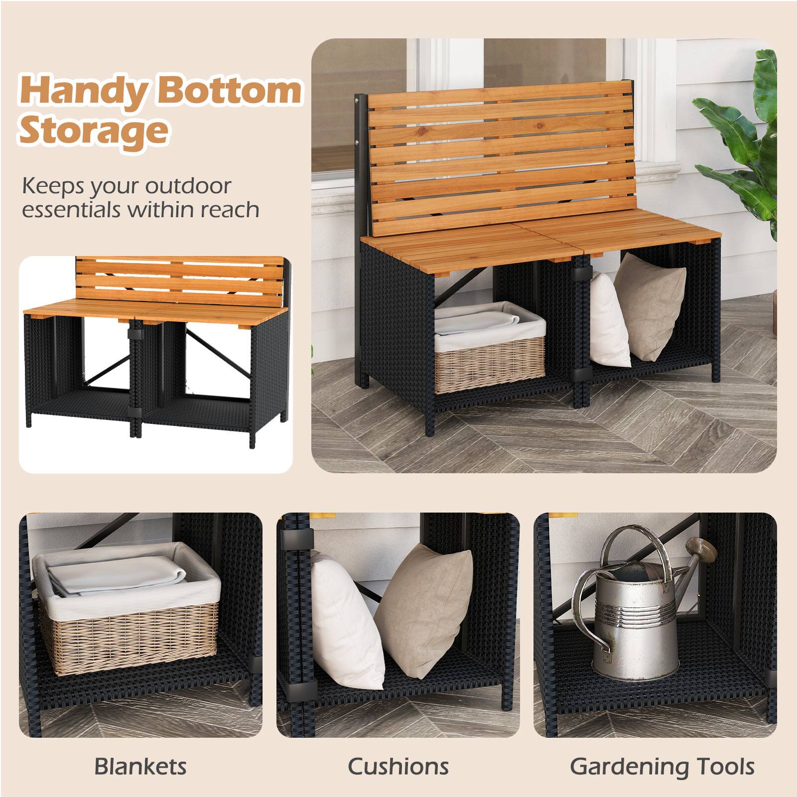 Handy Bottom Storage  
Keeps your outdoor essentials within reach  

Blankets  
Cushions  
Gardening Tools