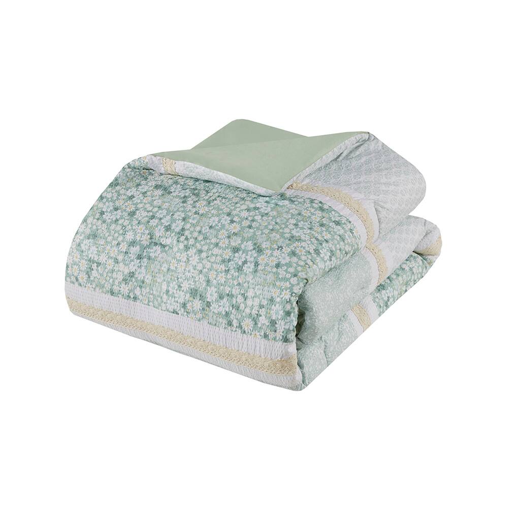 Left. TinyHomie - Full/Queen 5 Piece Seersucker Comforter Set with Throw Pillows - Green.