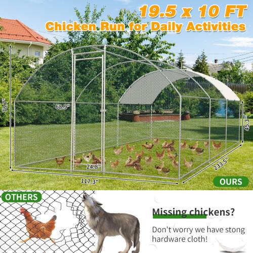 19.5 x 10 FT Chicken Run for Daily Activities

78.7" 68.9" 45.3" 24.8" 117.3" 233.5"

OURS

OTHERS

Missing chickens? Don't worry we have strong hardware cloth!