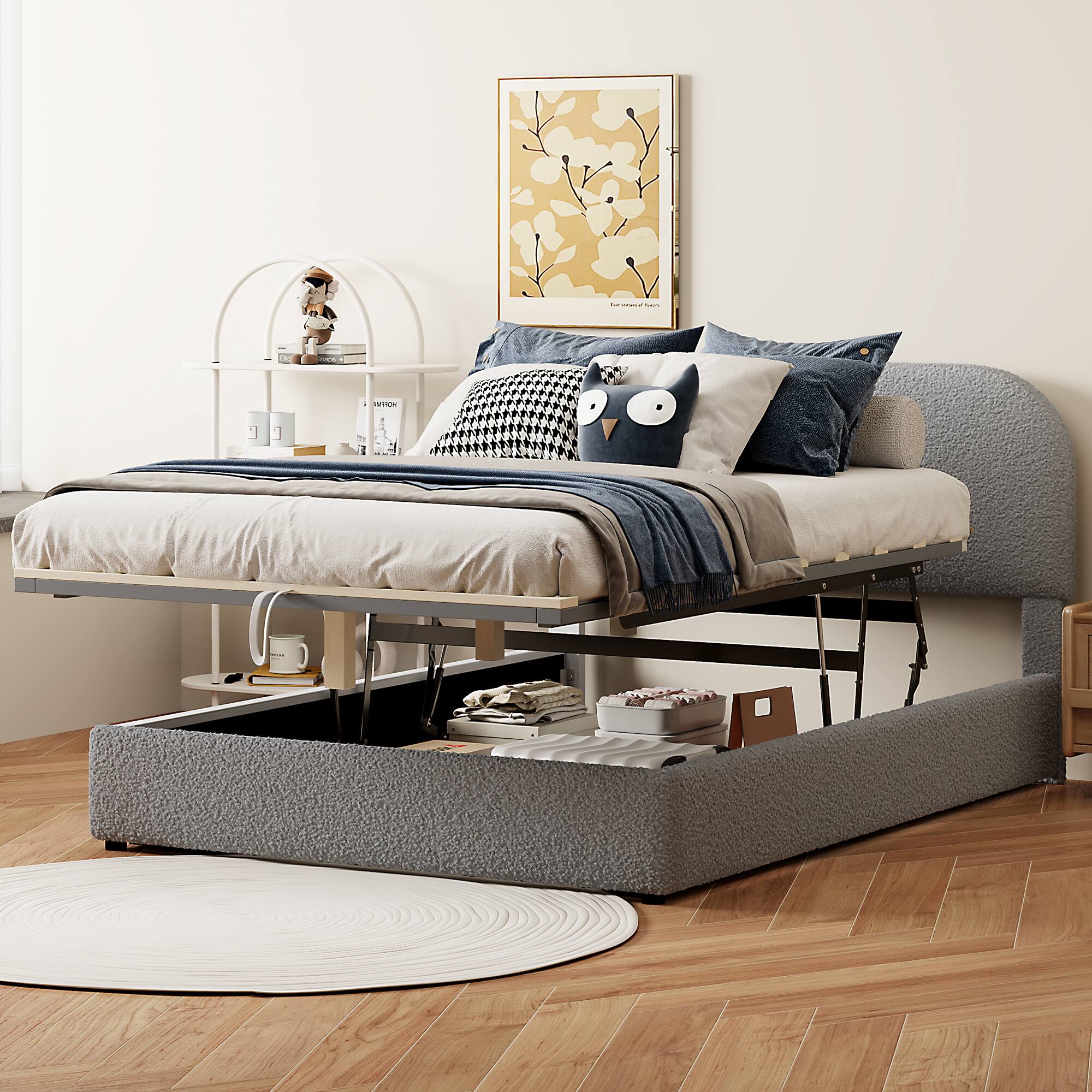 Angle. Tiramisubest - Teddy Fleece Full  Size Upholstered Platform Bed with Hydraulic Storage System, Gray - Gray.