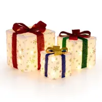 Costway - Set of 3 Christmas Lighted Gift Boxes Pre-lit Present Decoration with 48 Lights - White/Red/Golden/Green/Blue - Front_Zoom