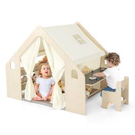 Gymax - 6-in-1 Kids Playhouse Wooden Play Tent w/ Blackboard Desk Chair 6 Storage Bins - Natural