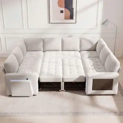 Front. Dyonery - Dyoney 102-inch, large combination U-shaped sofa, with pull-out bed/reclining backrest/table/storage, tool-free assembly - White.