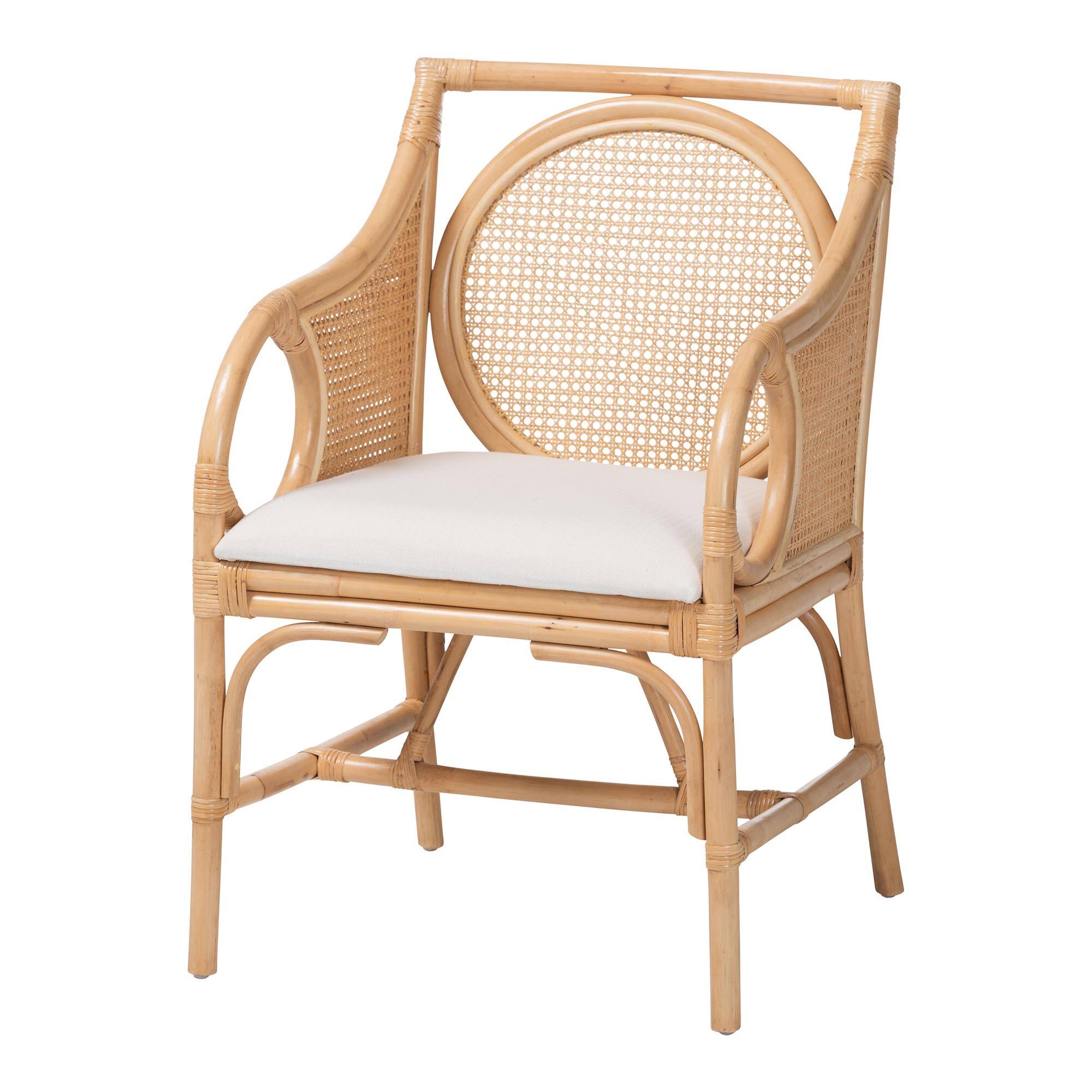 Front. bali & pari - Matt Natural Rattan Armchair with Upholstered Seat - Natural Rattan/White.