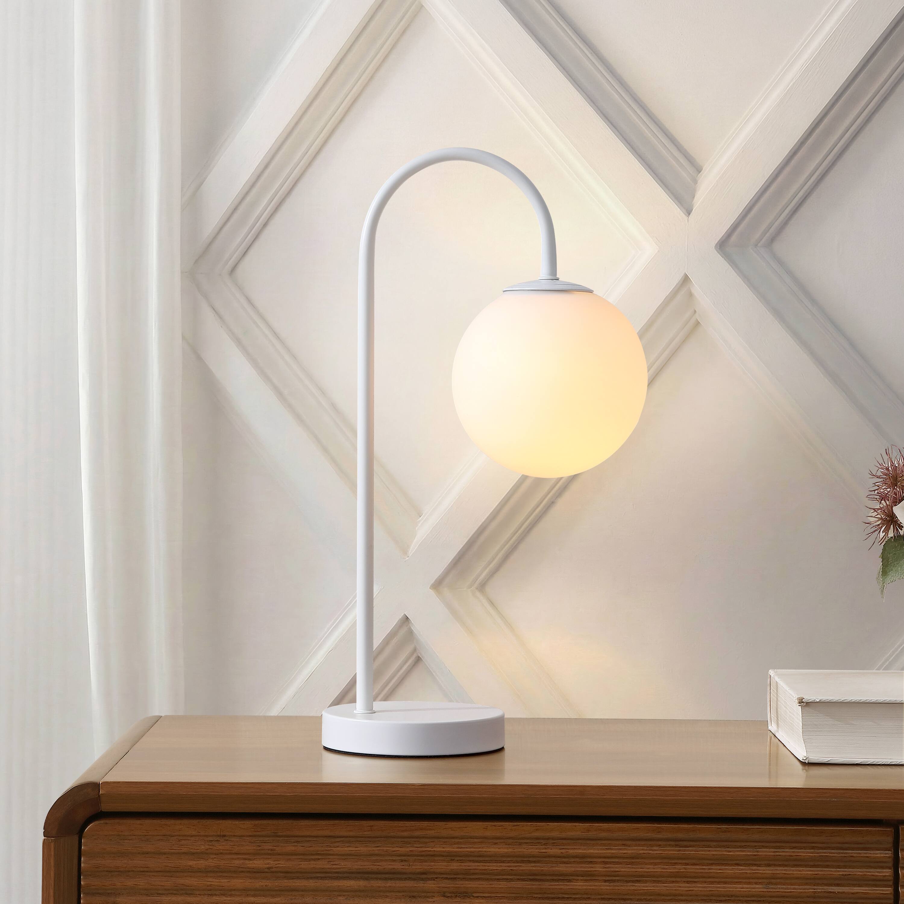 Alt View 1. Jonathan Y - Arco 18.25" Minimalist Mid-Century Arched Metal/Glass LED Table Lamp with Frosted Globe Shade, White - White.