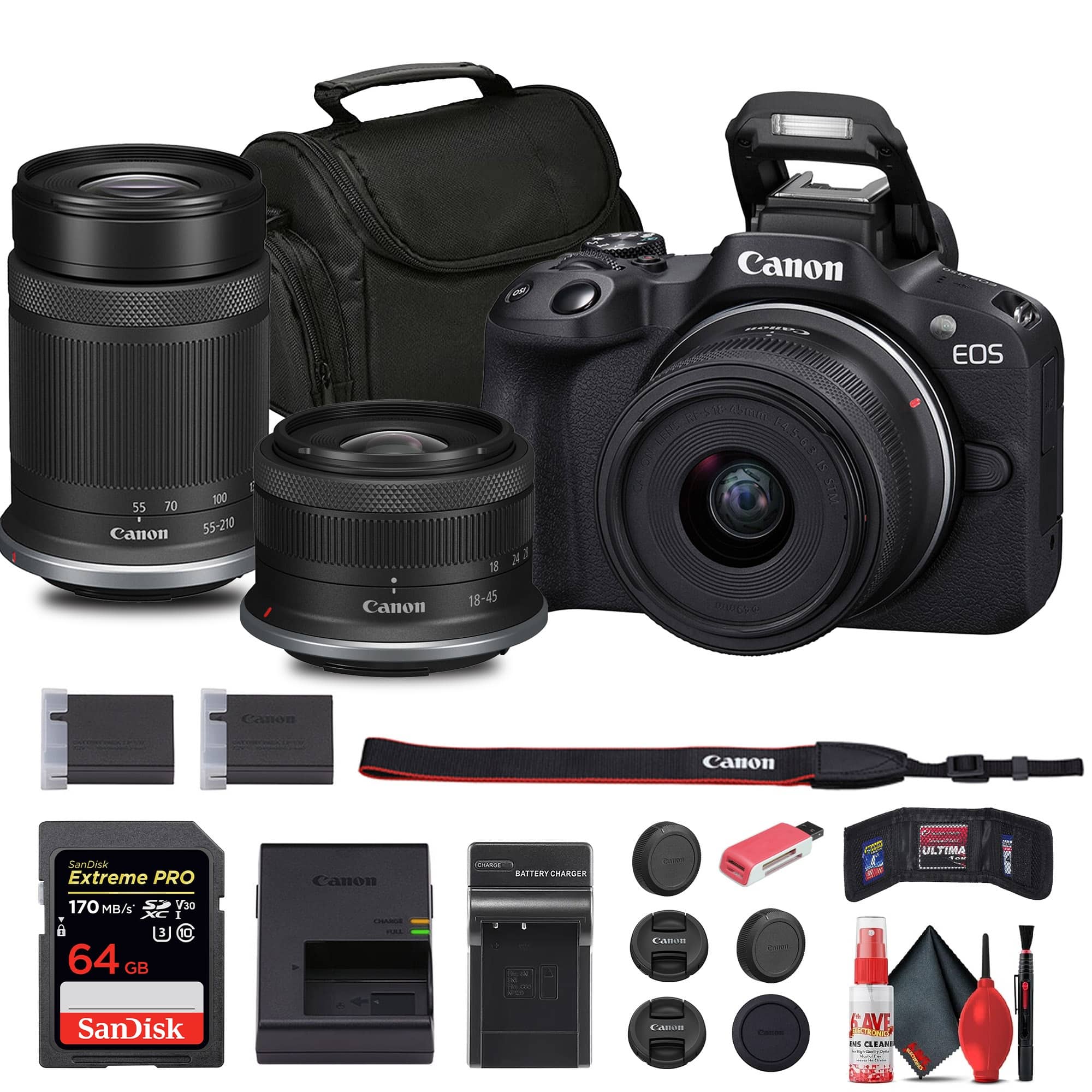 Canon - EOS R50 Mirrorless Camera w 18-45mm and 55-210mm Lenses, 64GB Card, Bag (International Version) - Black
