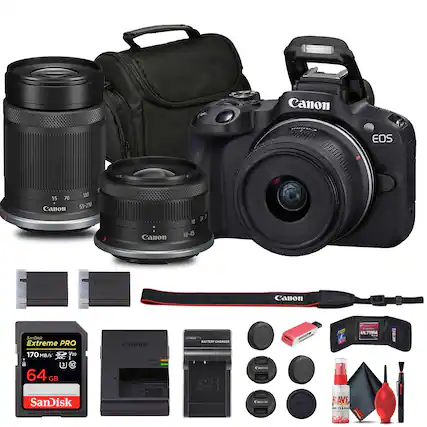 Canon EOS 55
Canon 100
Canon 55-210
Canon 8 J 18-45
SanDisk Extreme PRO 170 MB/s V30 64 GB
Canon Charger
Canon Batteries
Canon Lens Caps
Canon Lens Hood
Canon Lens Cleaning Kit
Canon Camera Bag
Canon Strap
Canon Lens Cap