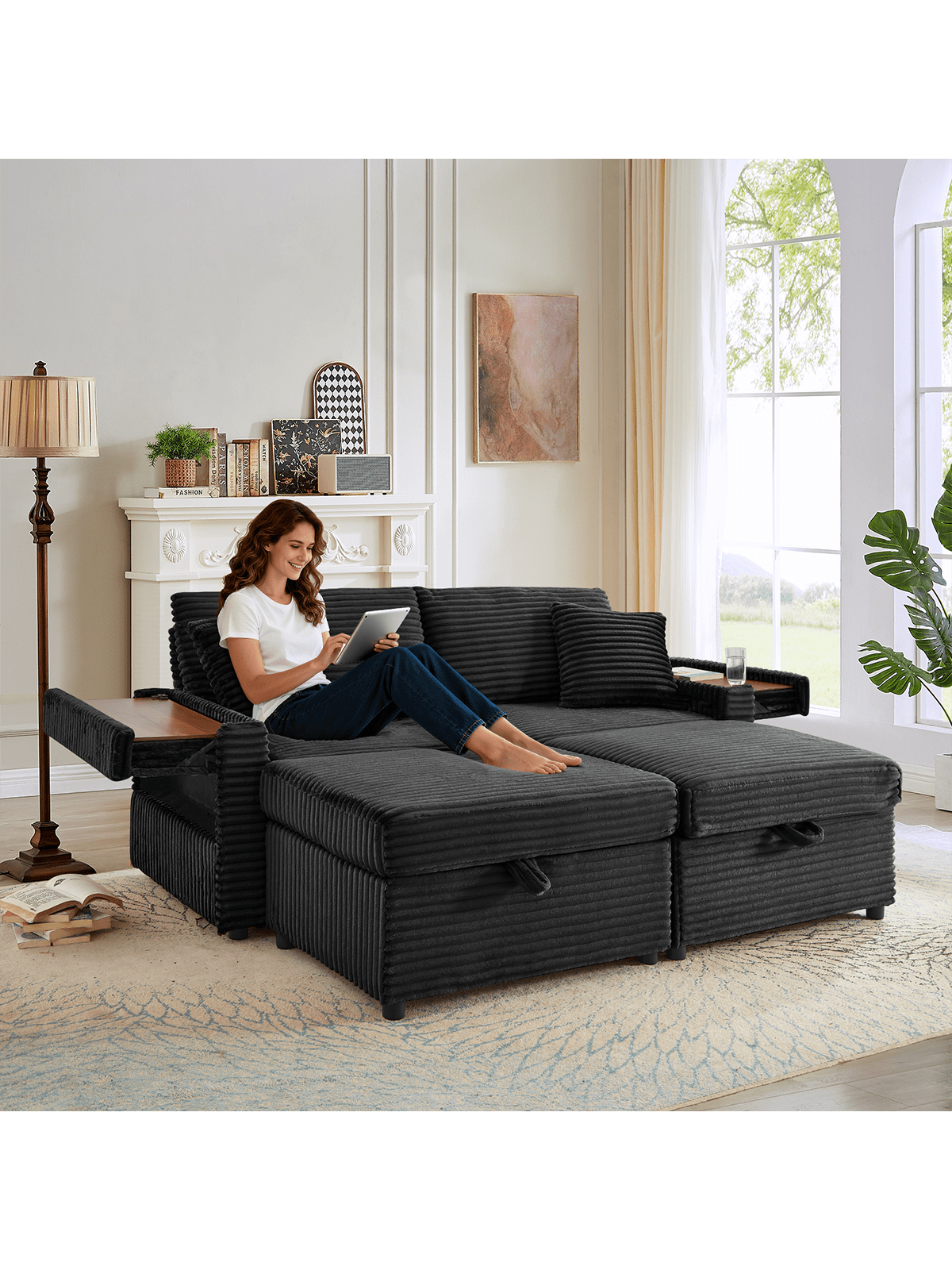 Trinkets Crazed - 68" Oversized Double Chaise Lounge With Hidden Storage Ottomans, Comfy Corduroy Upholstered Indoor Lounge Chair - Black