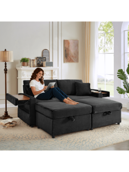 Trinkets Crazed - 68" Oversized Double Chaise Lounge With Hidden Storage Ottomans, Comfy Corduroy Upholstered Indoor Lounge Chair - Black