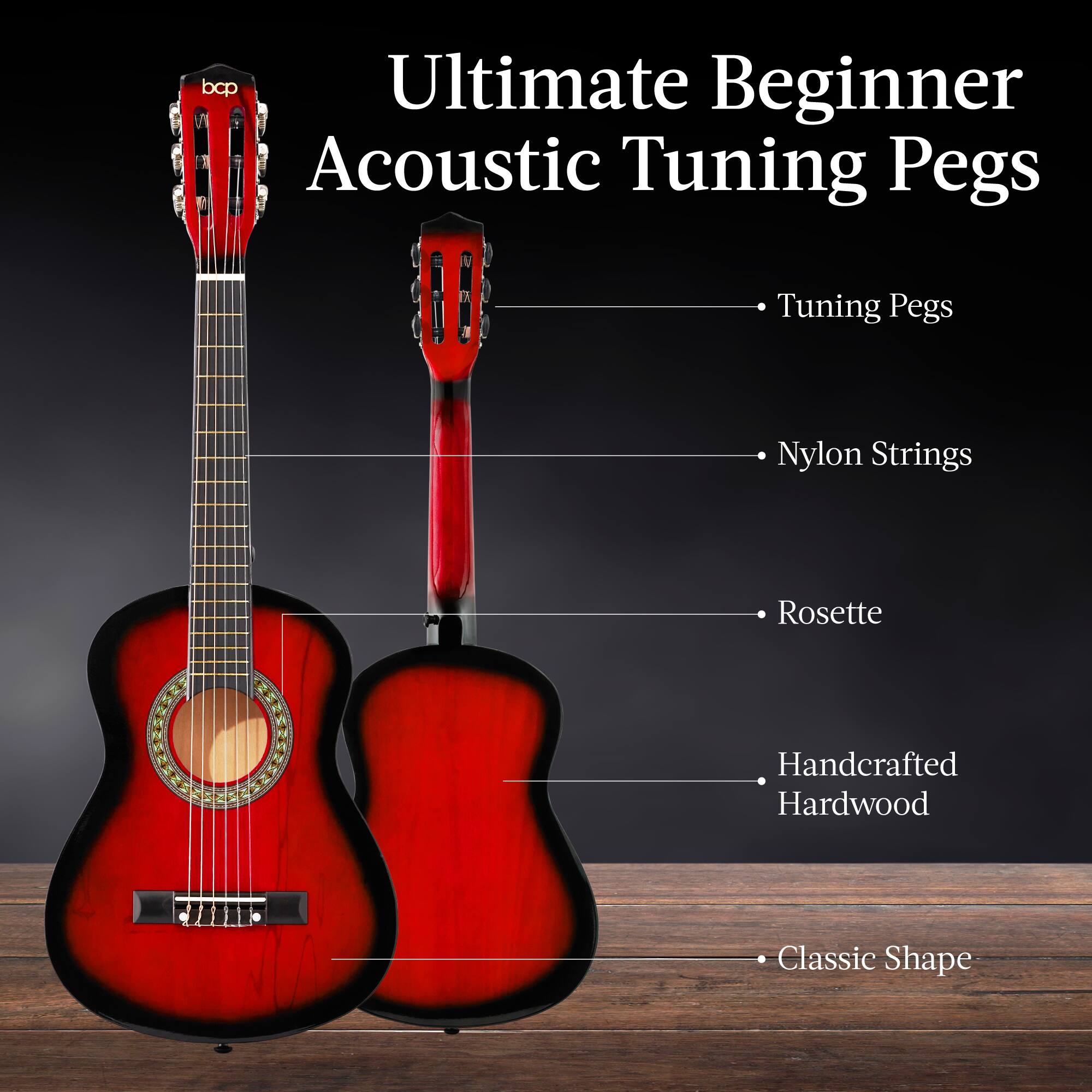 Ultimate Beginner Acoustic Tuning Pegs

- Tuning Pegs
- Nylon Strings
- Rosette
- Handcrafted Hardwood
- Classic Shape