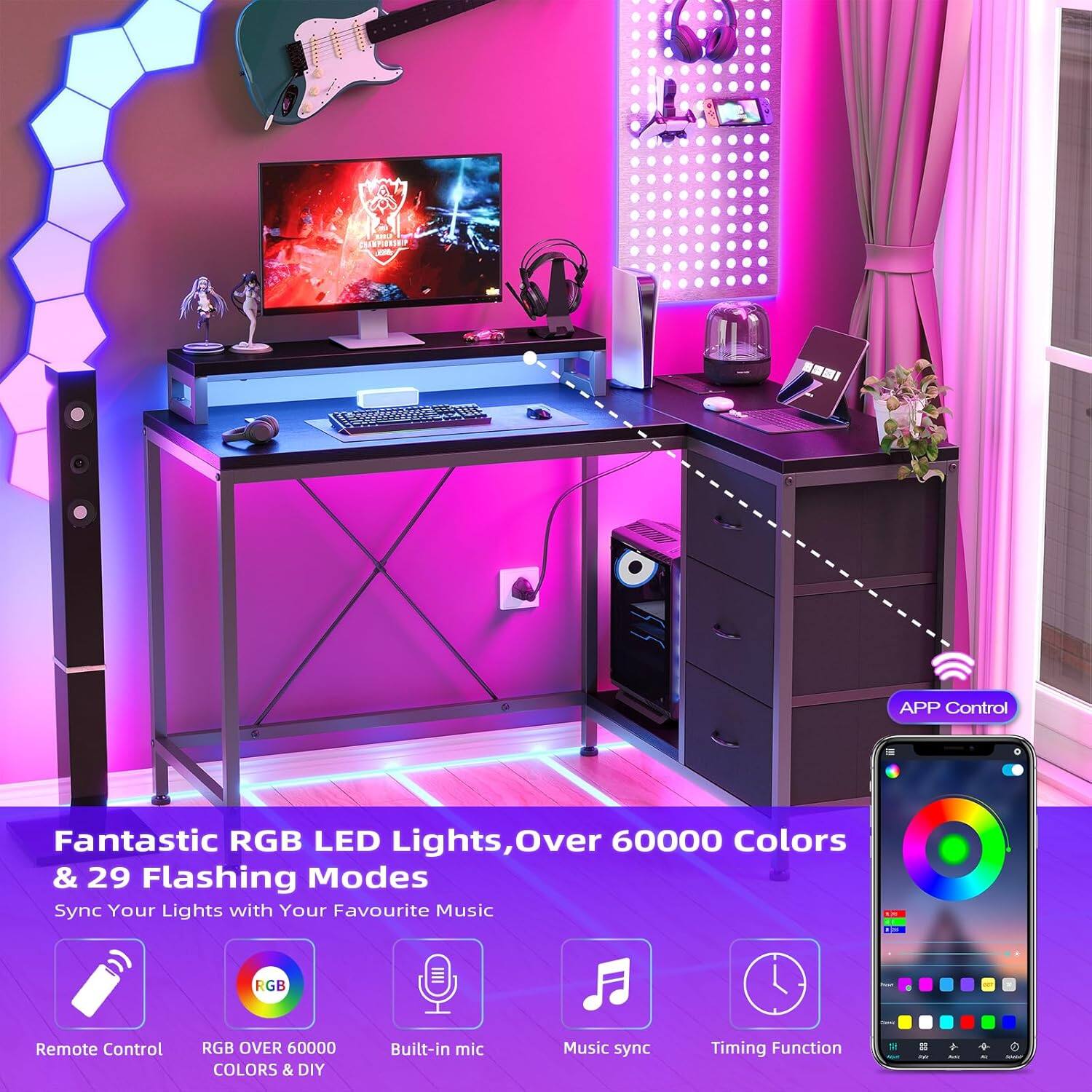 Fantastic RGB LED Lights, Over 60000 Colors & 29 Flashing Modes  
Sync Your Lights with Your Favourite Music  

- Remote Control  
- RGB OVER 60000 COLORS & DIY  
- Built-in mic  
- Music sync  
- Timing Function  

APP Control