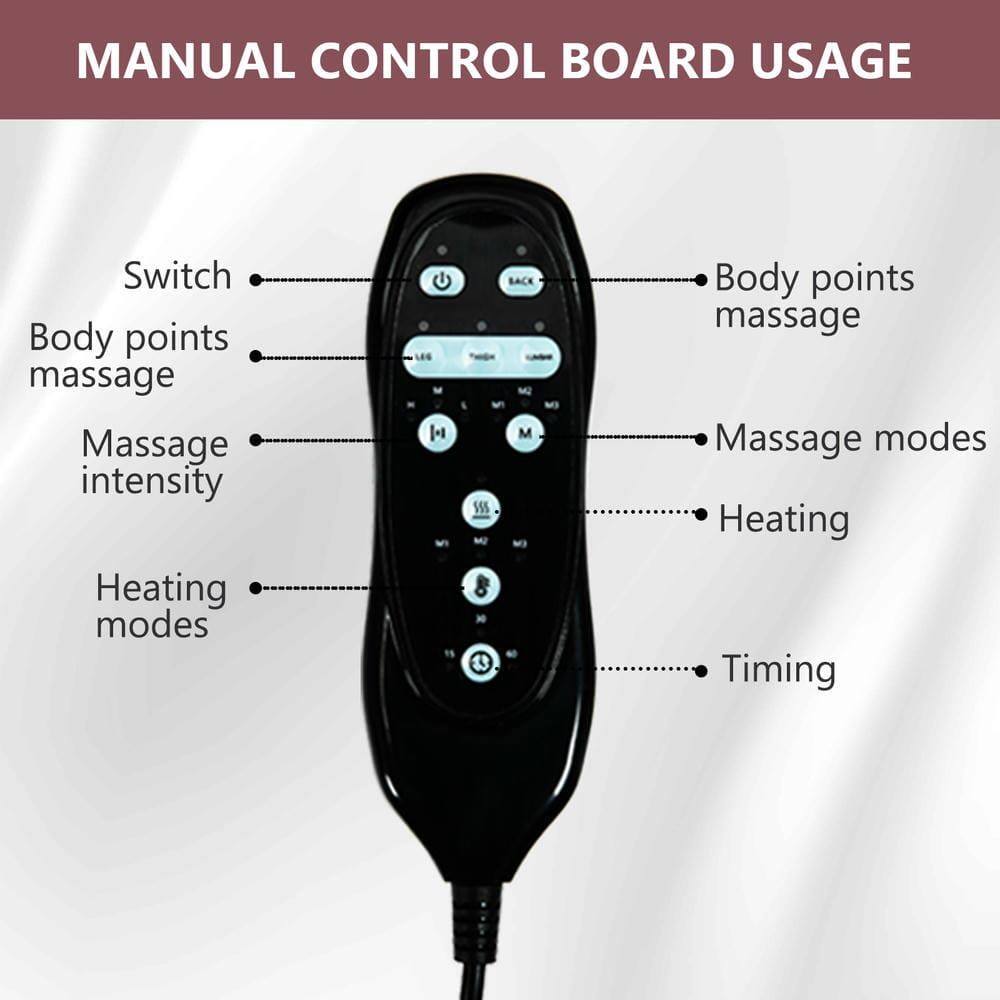 MANUAL CONTROL BOARD USAGE

- Switch
- Body points massage
- Massage intensity
- Heating modes
- Body points massage
- Massage modes
- Heating
- Timing