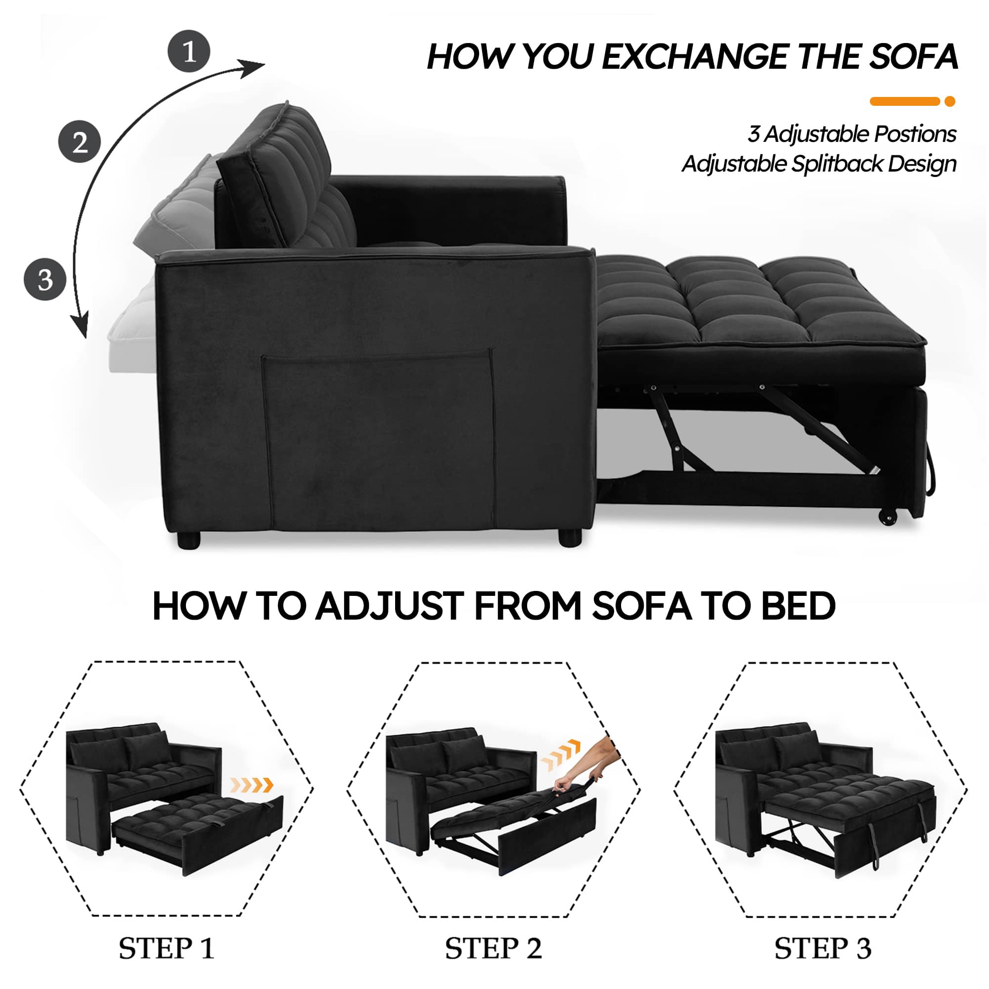 1. How to exchange the sofa:
2. Adjustable positions and adjustable splitback design:
3. How to adjust from sofa to bed:
Step 1:
Step 2:
Step 3: