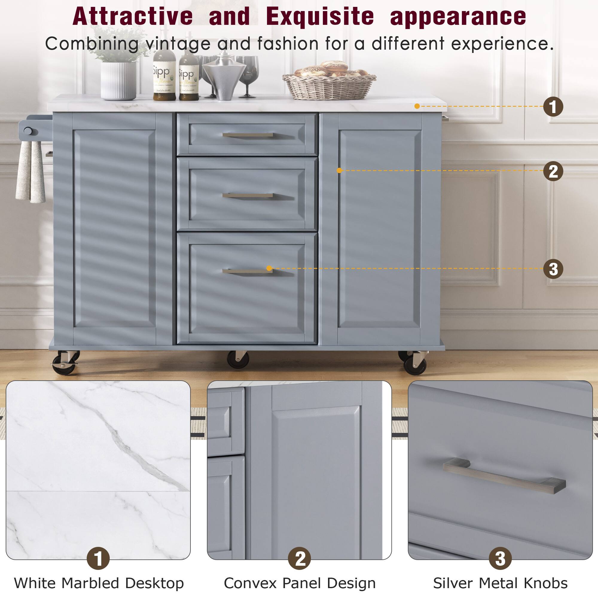 Attractive and Exquisite appearance  
Combining vintage and fashion for a different experience.

1. White Marbled Desktop
2. Convex Panel Design
3. Silver Metal Knobs