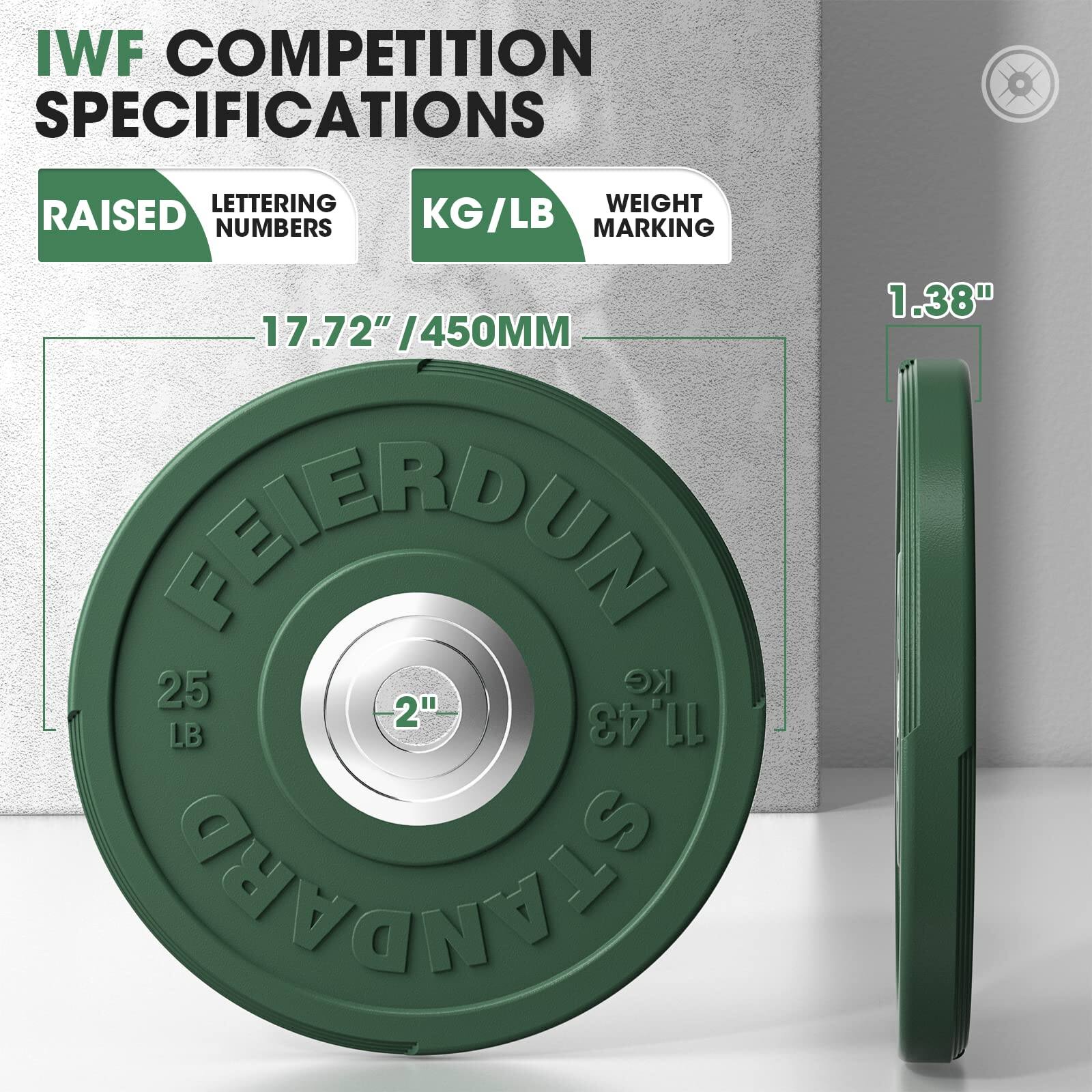IWF COMPETITION SPECIFICATIONS  
RAISED LETTERING NUMBERS  
KG/LB WEIGHT MARKING  
17.72" / 450MM  
FEIERDUN  
25 KG / 55 LB  
1.38"