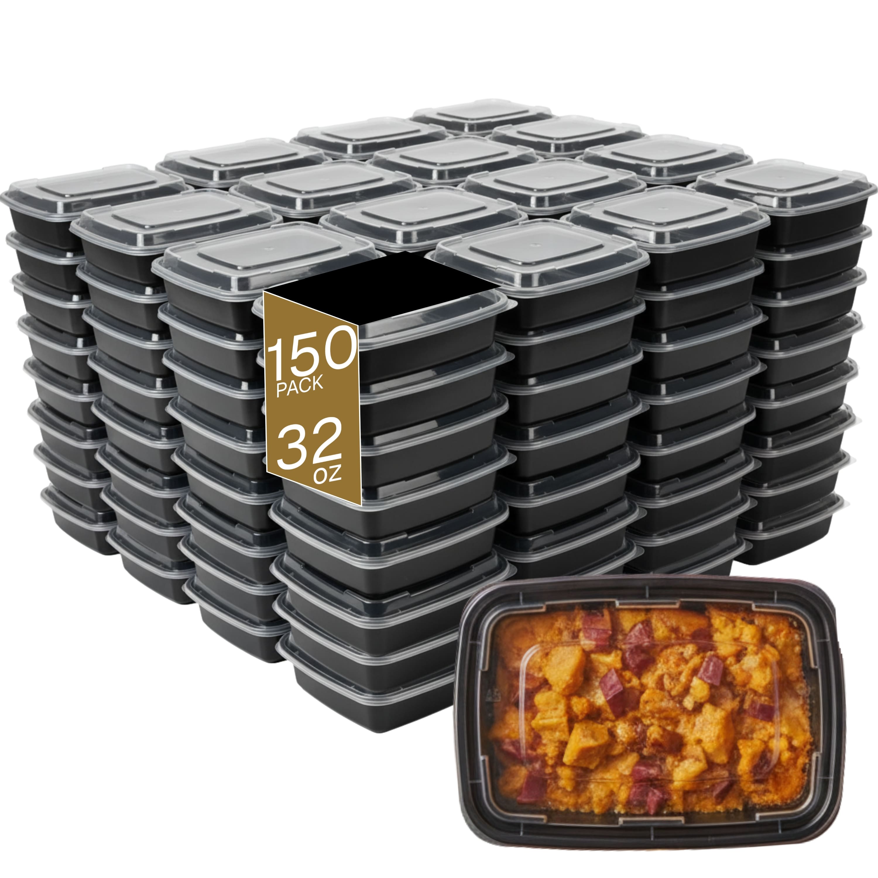 Eco Harmony Products - Microwaveable Container (Rectangular) with Lid, 32oz, 150-Pack - Black