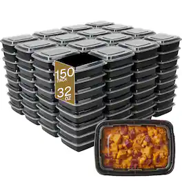 Eco Harmony Products - Microwaveable Container (Rectangular) with Lid, 32oz, 150-Pack - Black