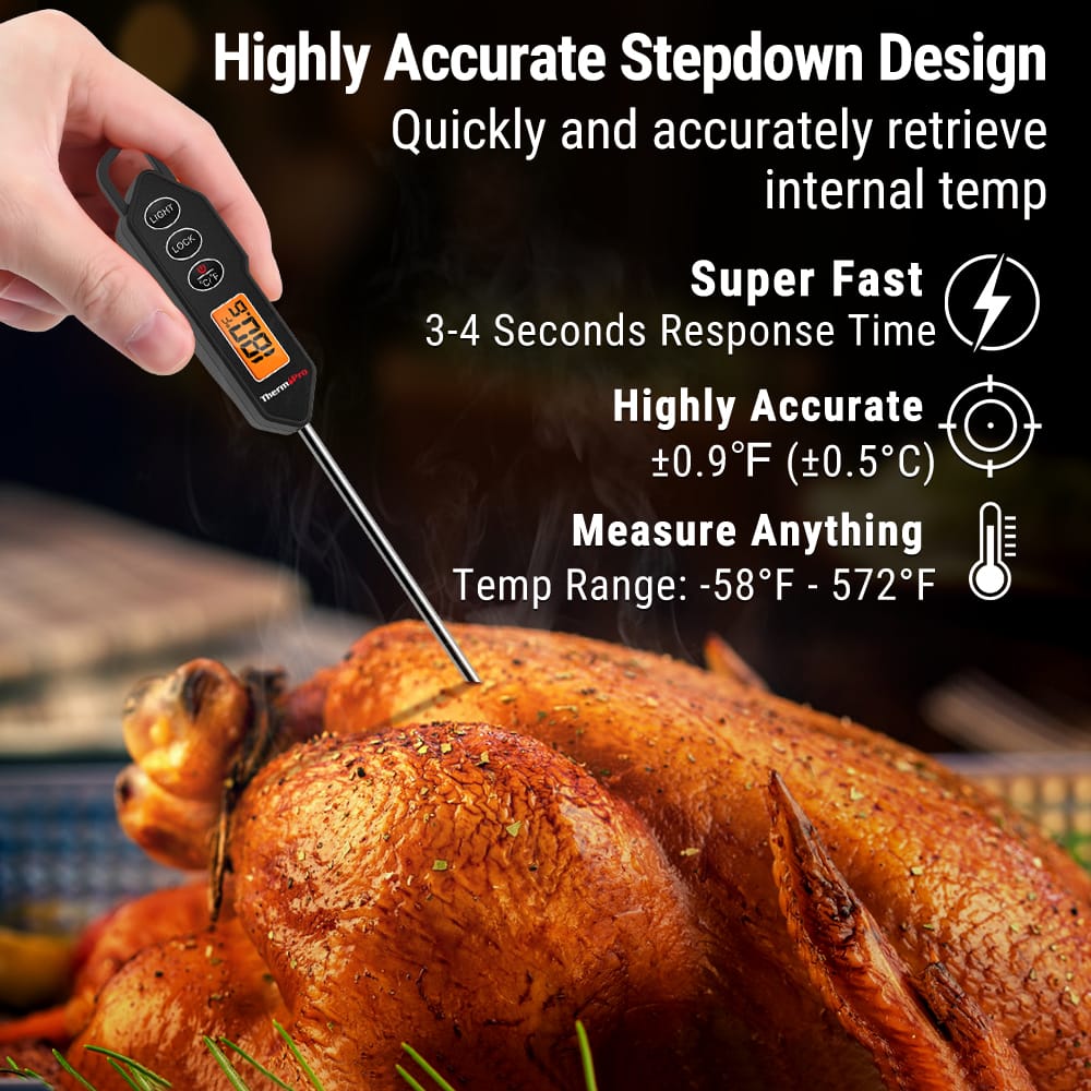 Highly Accurate Stepdown Design Quickly and accurately retrieve internal temp LIGHT LOCK OF Super Fast DJ 081 3-4 Seconds Response Time Highly Accurate 0.9F (0.5C) Measure Anything Temp Range: -58F - 572F - AA