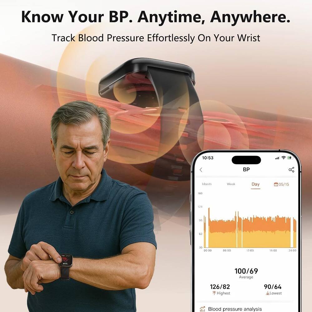 Know Your BP. Anytime, Anywhere.  
Track Blood Pressure Effortlessly On Your Wrist  

10:53 BP Mont Werk Day 06/15  
G0 128 DS 02 30 00-00 06:00 1200 18:00 24:00  
100/69 Average 126/82 Highest 90/64 Lowest  
Blood pressure analysis