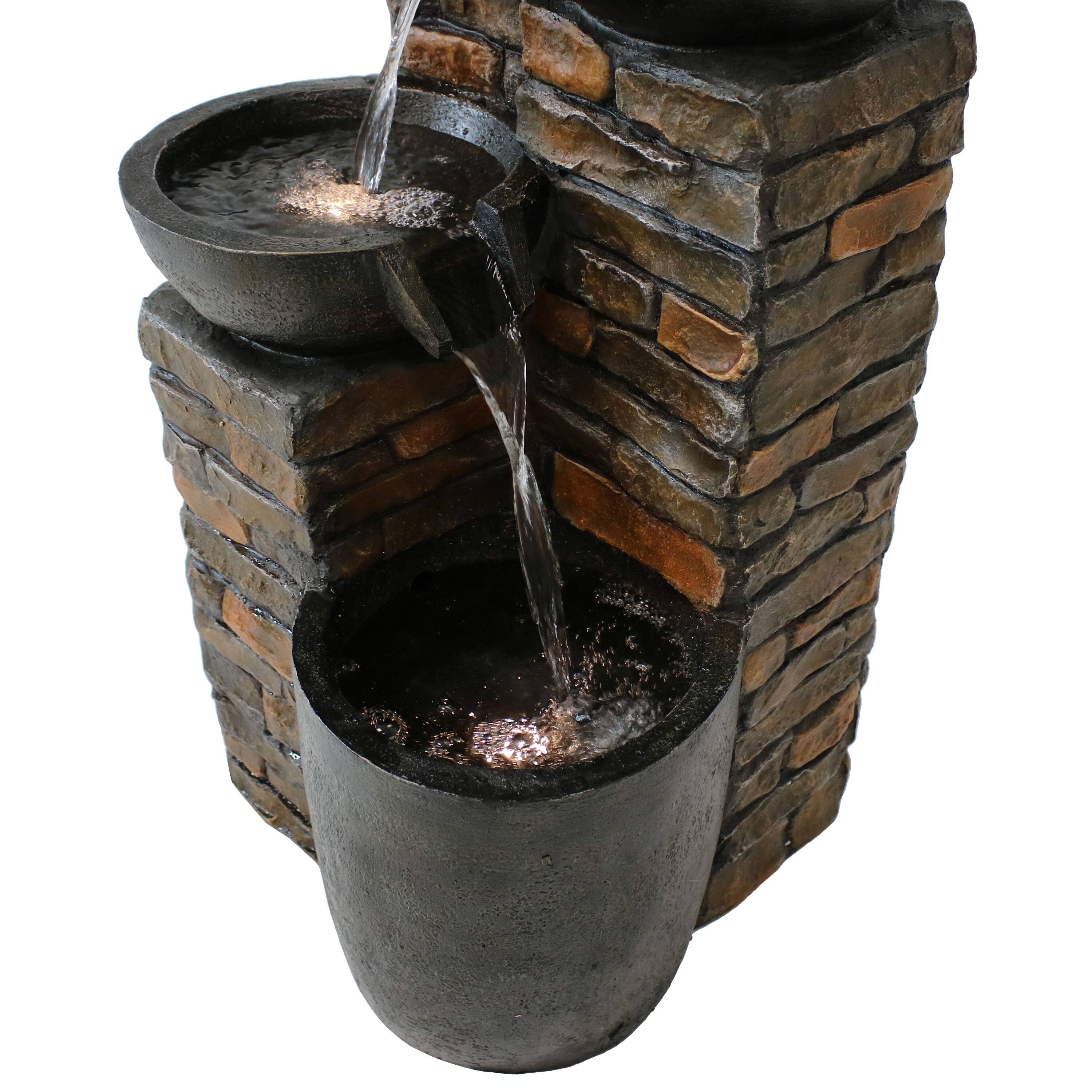 Alt View 9. Sunnydaze - Staggered Bowls Tiered Water Fountain with LED Lights - 34 in - Brown.