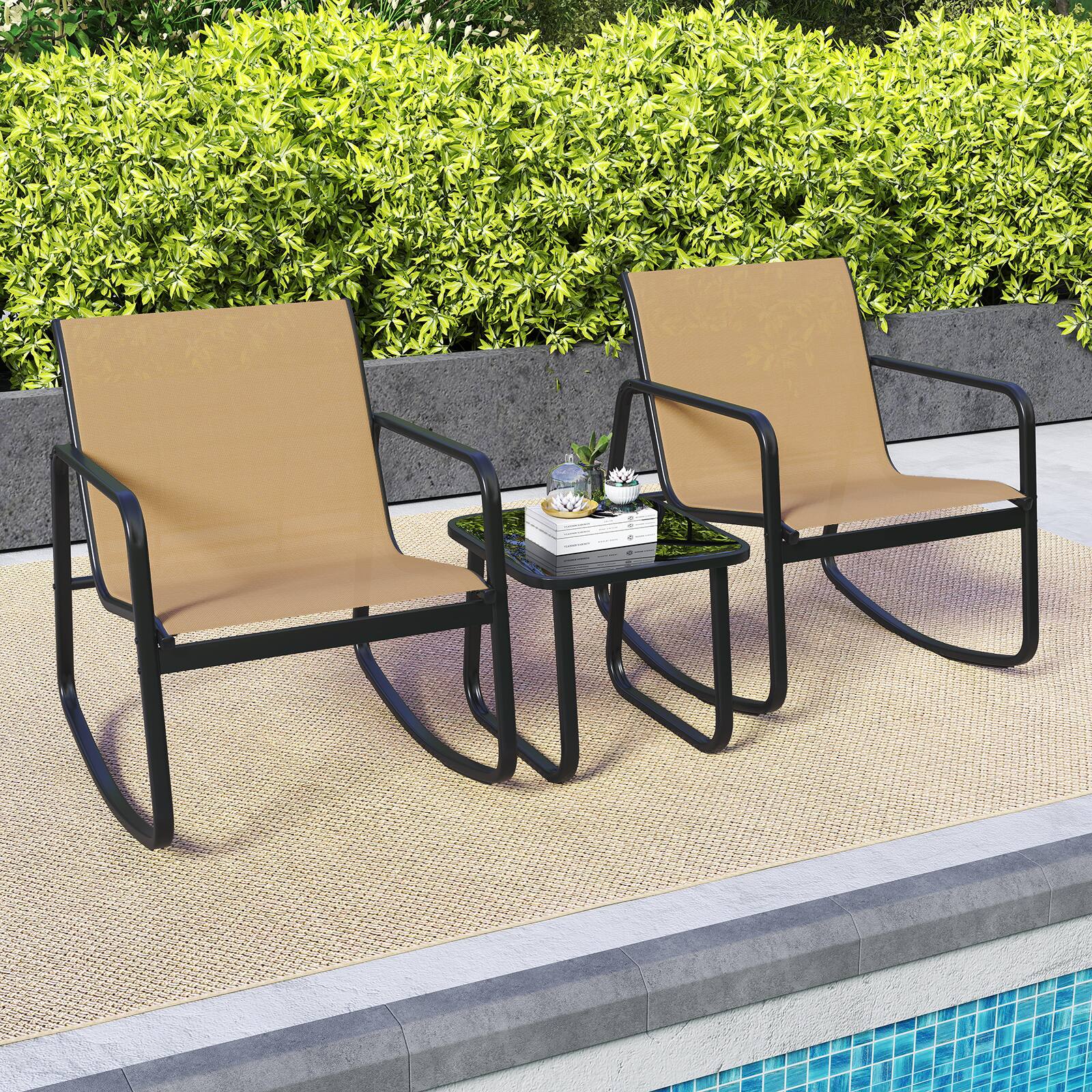 Alt View 4. Costway - Costway 3 Piece Patio Rocking Set 2 Rocking Bistro Chairs & Glass-Top Table for Porch - Black & Brown.