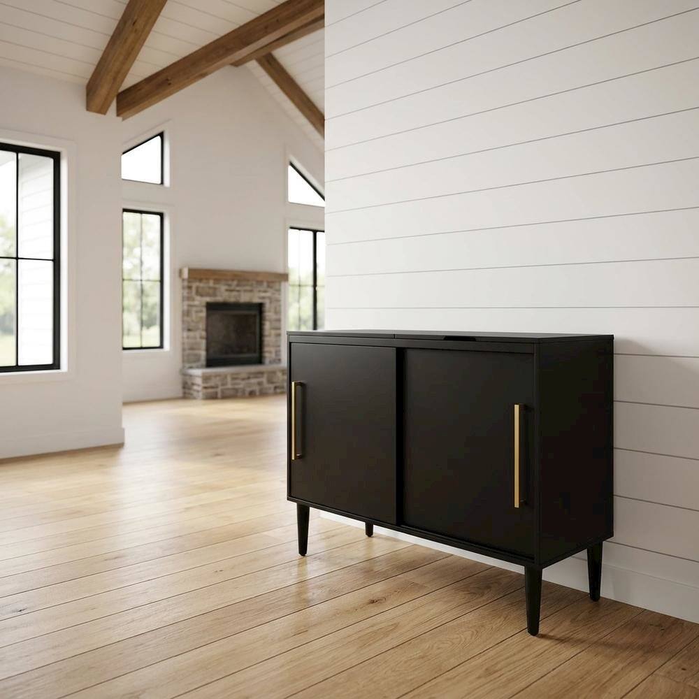 Alt View 4. FurniFact - Black Large Record Player Cabinet - Matte Black.