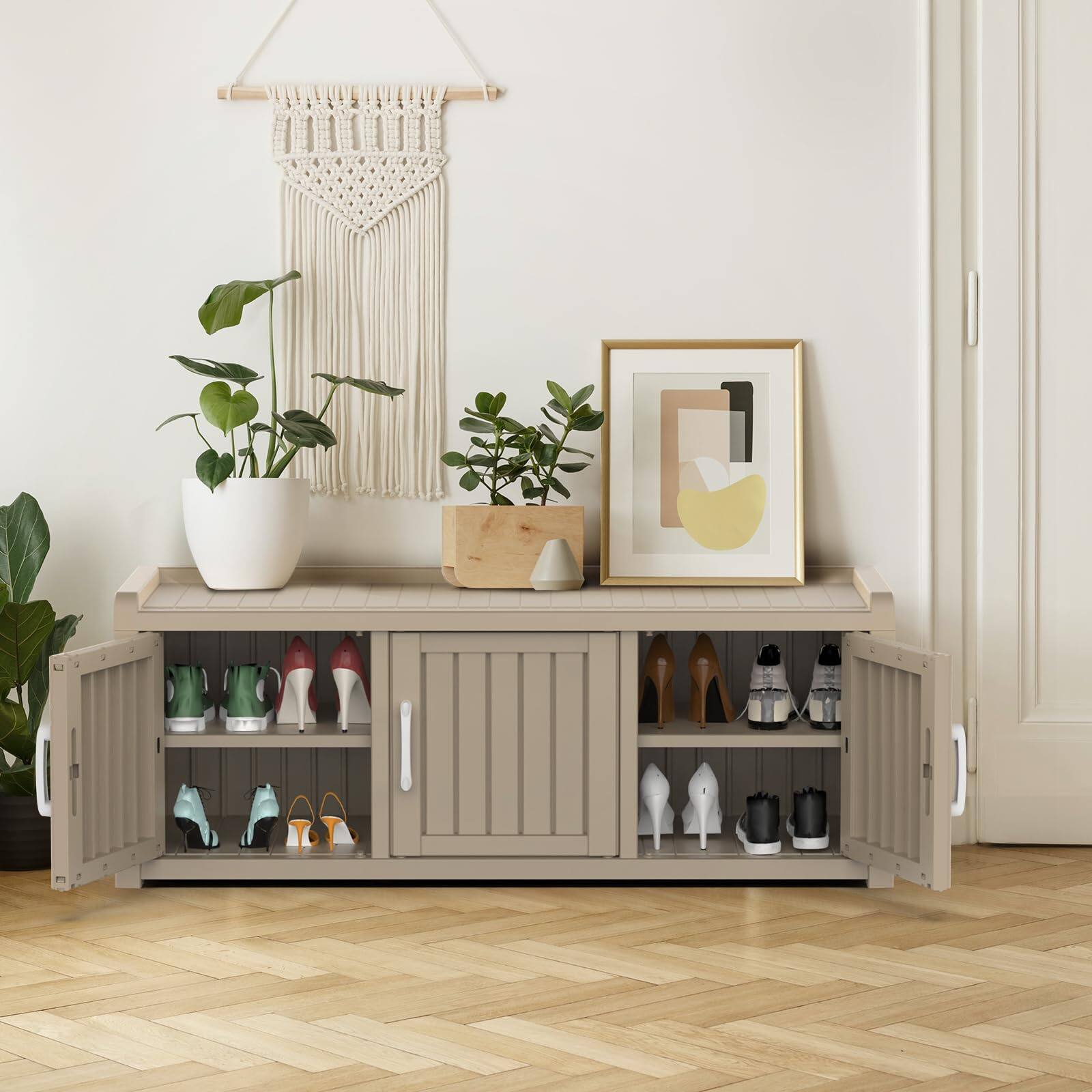 Angle. Yardgrace - Outdoor Shoe Storage Cabinet, Waterproof UV-Resistant Entryway Storage Bench Indoor Outdoor - Brown with 3 Barn Doors.